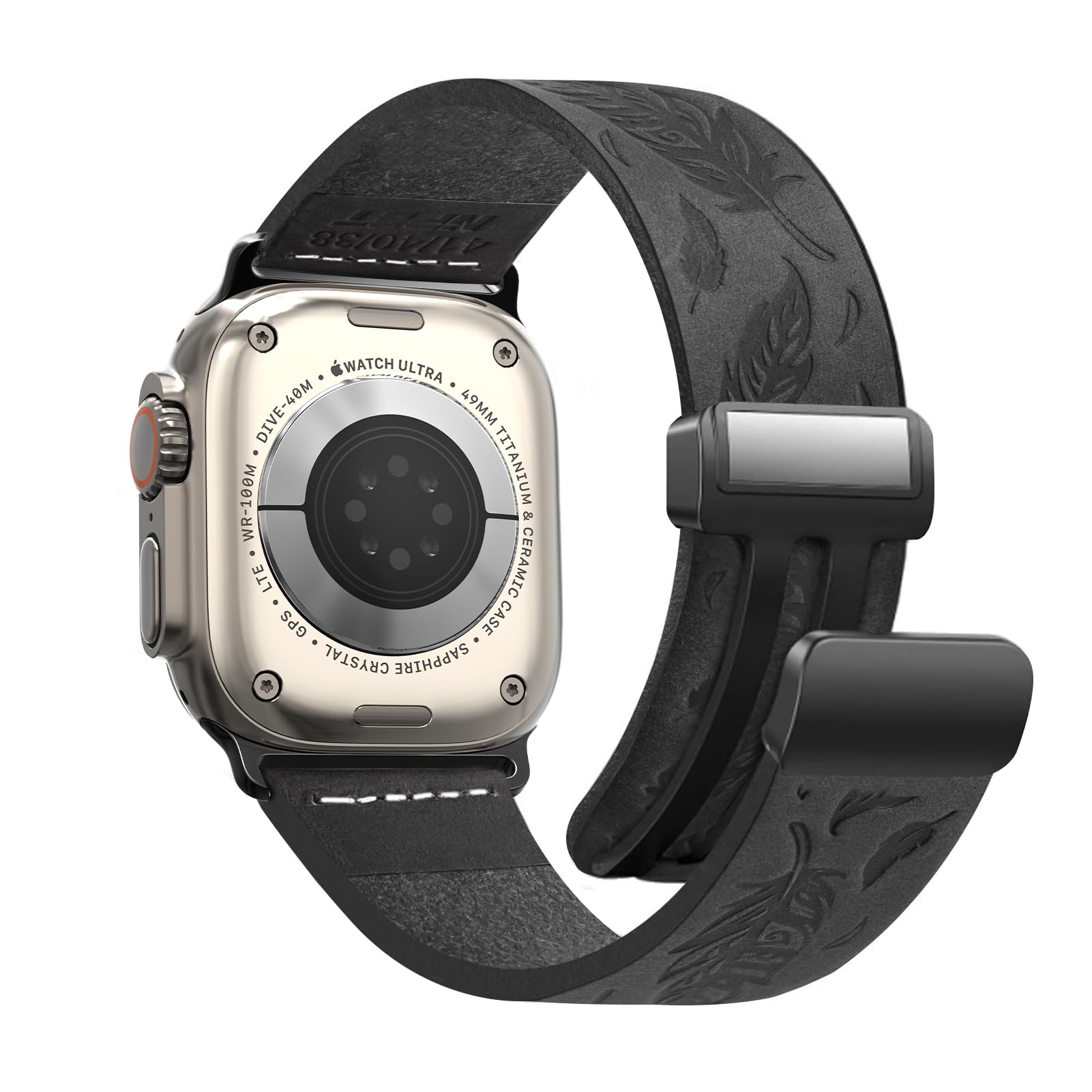 NPET Genuine Leather Watch Band with Western Engraved Feather Pattern, Stitch-Free Design, and Magnetic Buckle - Compatible with Watch Ultra SE2 SE Series 8 7 6 5 4 3 2 1