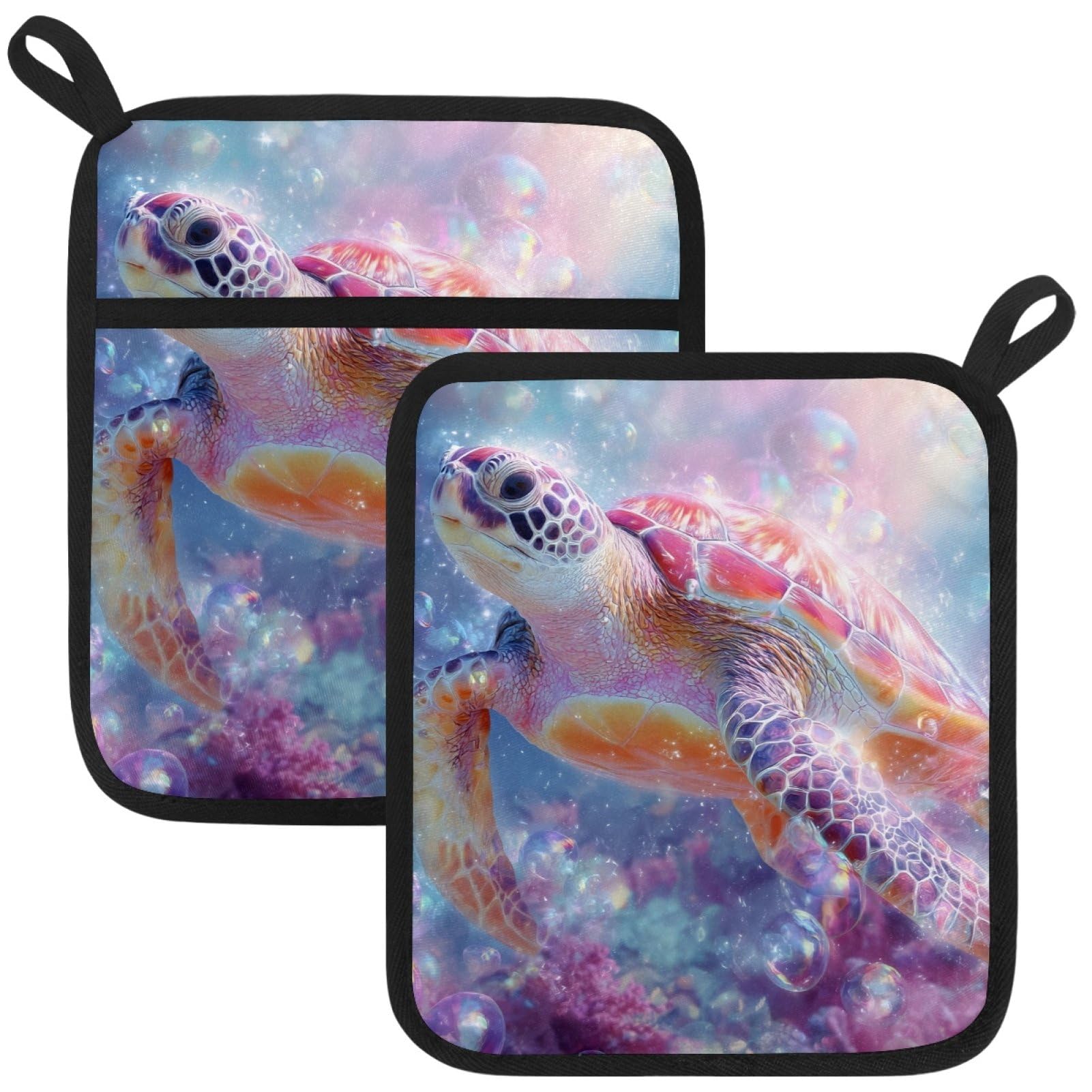 VAPOKF Pink Turtle Pot Holders with Pocket for Kitchen Heat Resistant Potholders Large Polyester-Cotton Square Oven Mitts Set