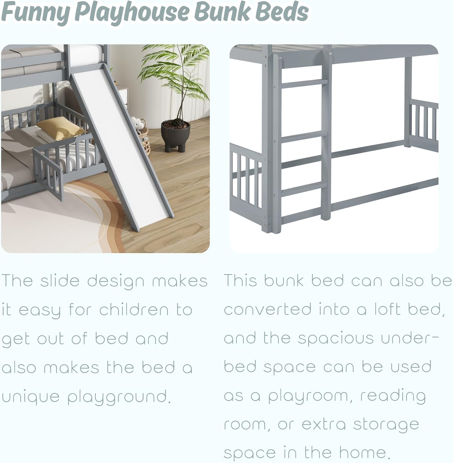 Bellemave Low Bunk Beds Twin Over Twin with Slide and Ladder Floor Bunk Bed Frame Junior Loft Bed for Kids Boys Girls Teens Wood Twin Bunk Bed with Removable Safety Fences, Gray