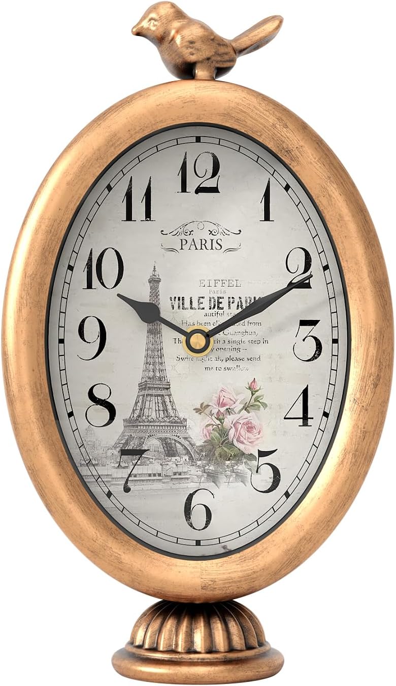 Vintage Table Clock with Bird, Desk and Shelf Decor Clock, French Paris Style, Antique Gold Metal Mantel Clocks for Living Room, Farmhouse, Bedroom, Bedside, Gift (10″ H x 5.9″ W)