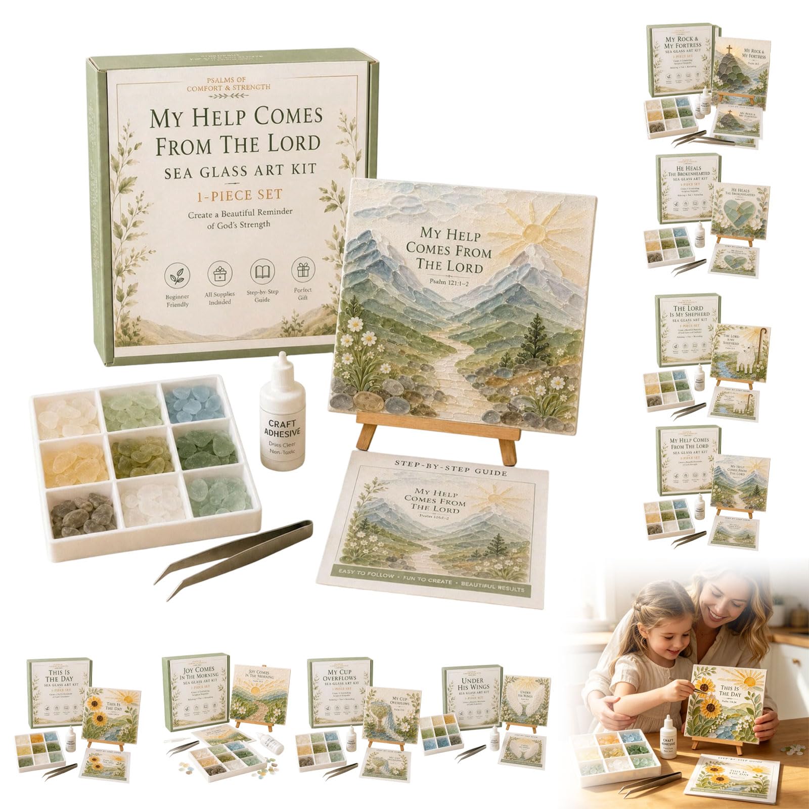 Psalms of Comfort & Strength Sea Glass Art Kit, Christian DIY Craft Kit with Inspirational Bible Verse Design, Religious Gift for Women, Faith Home Decor Wall Art (# D)
