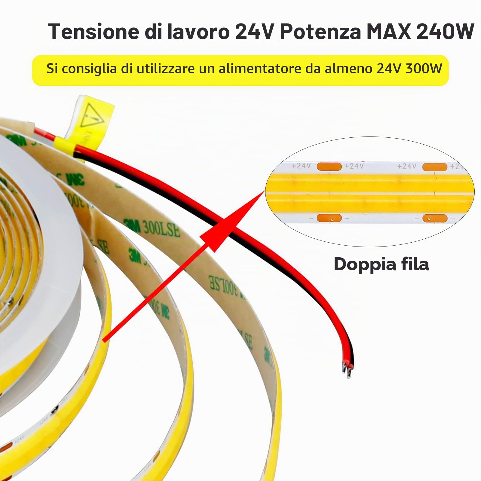 GOMING 24V 10M Doppia Fila COB Striscia LED Bianco Naturale 4000K CRI 93+ Alta Densità 600LED/M Alta Luminosità 20000lm Non Impermeabile IP20 Luci LED per Decorazione Della Casa(Senza Alimentazione)