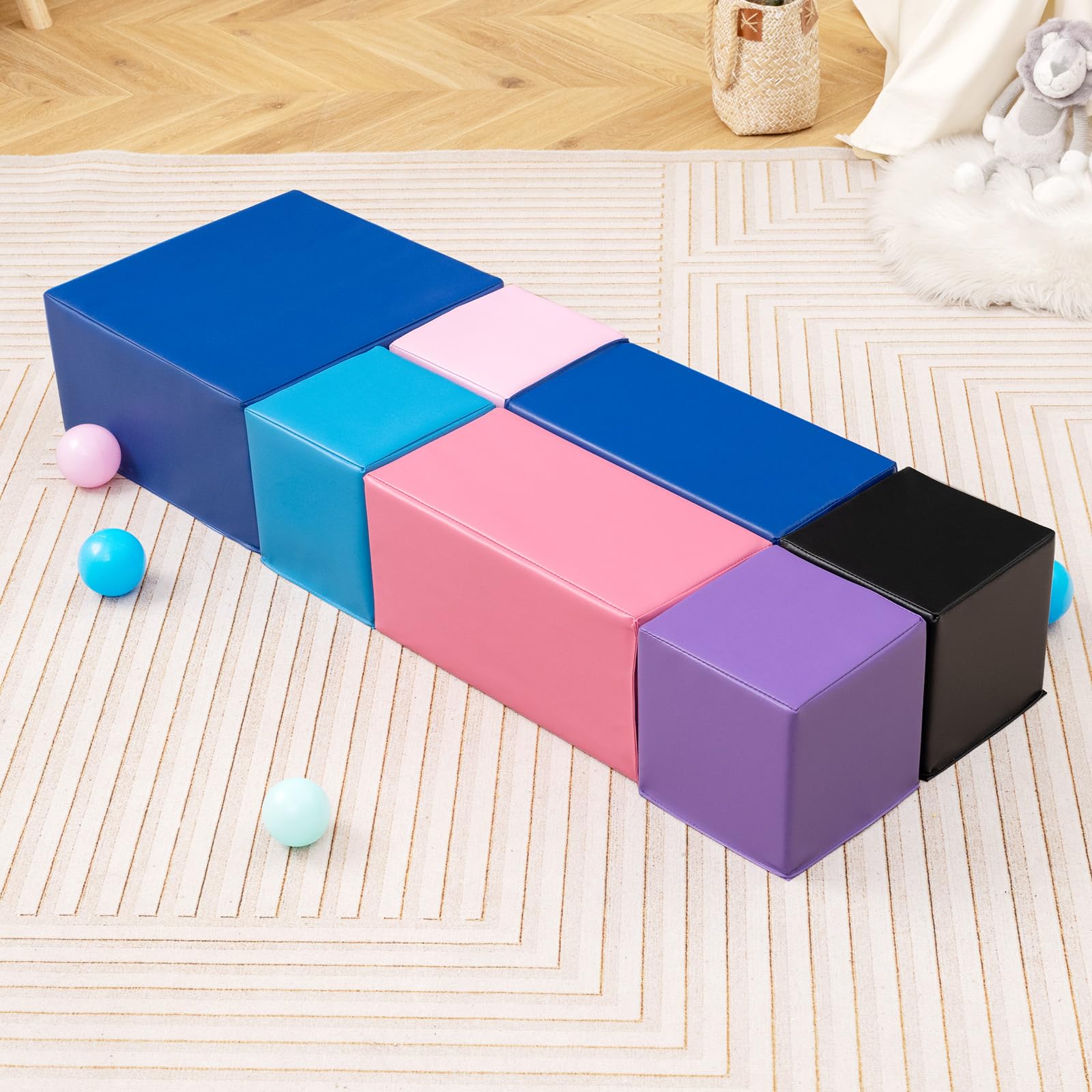 COSTWAY 7 TLG. Schaumstoff Bausteine, Softbausteine quadratisch & rechreckig, Bunte Riesenbausteine weich zum Klettern, Schaumstoffwürfel für Baby & Kinder ab 1 Jahr