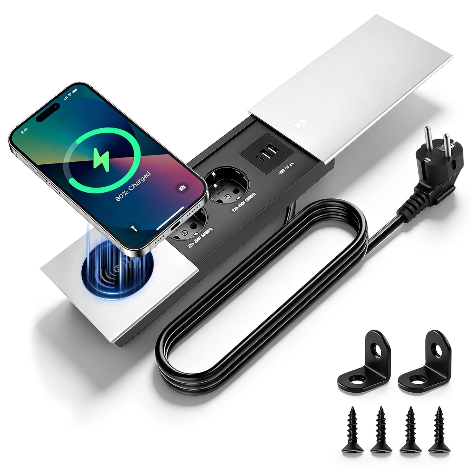 Enchufe de Escritorio Empotrable con 20W USB-C y Carga Inalámbrica(Plateado)