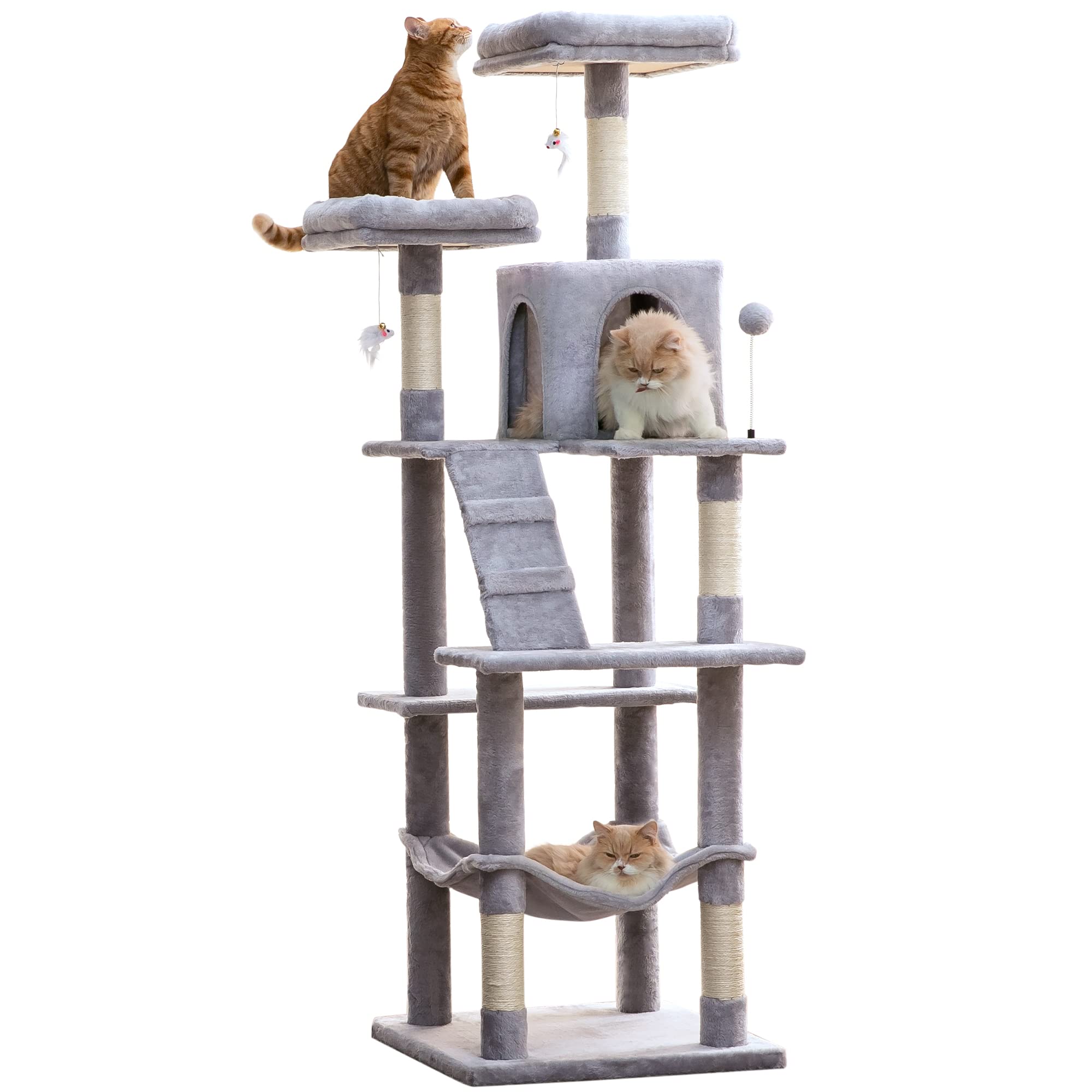 MWPO 70.1-Inch Large Cat Tree, Multi-Level Tall Cat Tower for Indoor Cats, Plush Cat Condo with Big Padded Perches, Sisal-Covered Scratching Posts, Hammock, Toys for Kittens & Cats - Light Grey