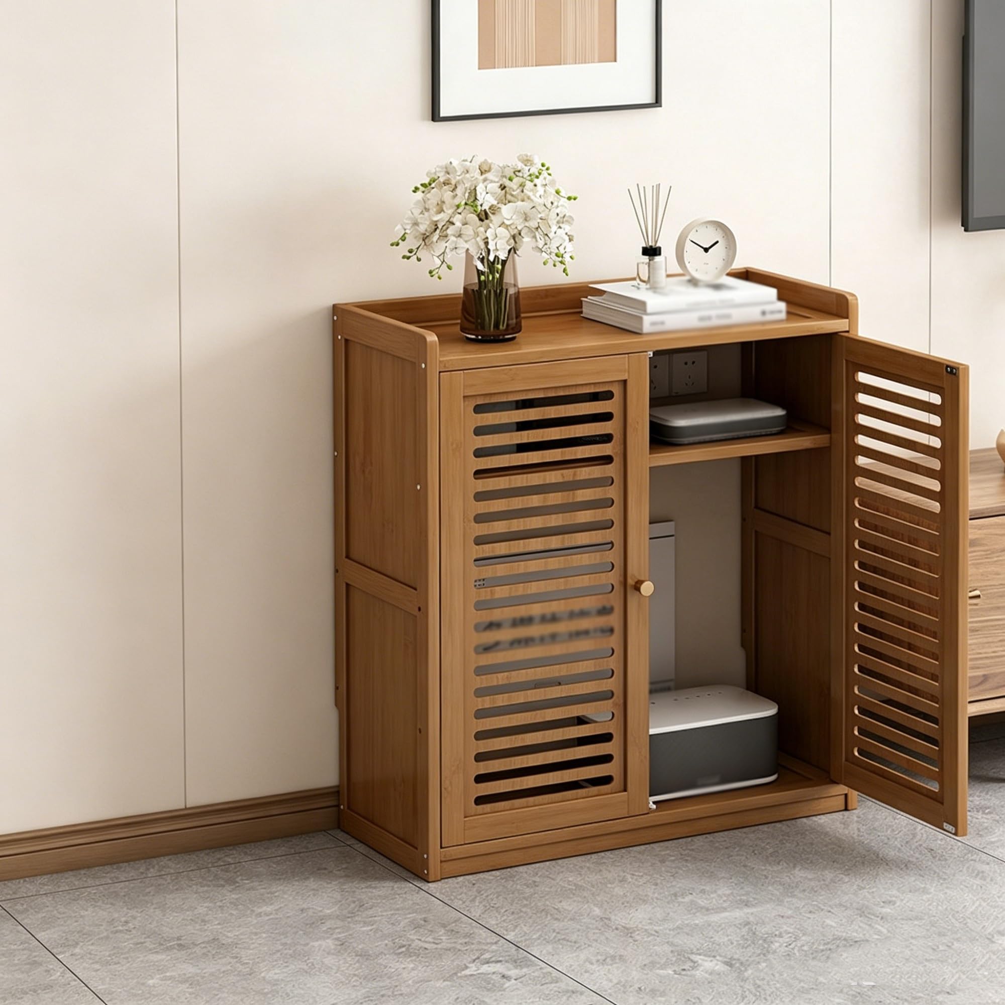 Meuble AV support multimédia marron avec tablettes réglables et portes en verre