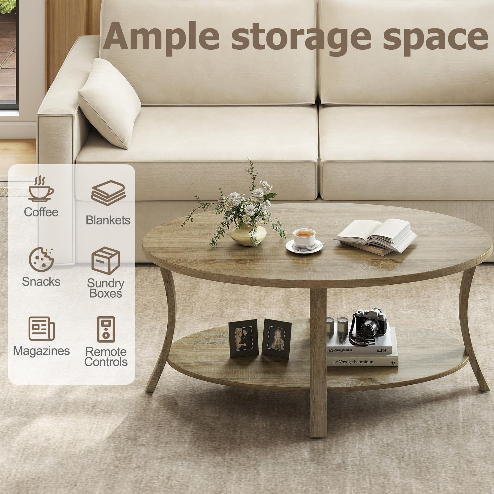 LIFEZEAL Ovaler Couchtisch Holz, Wohnzimmertisch mit 2 Ebenen & Ablagefach, Rustikaler Sofatisch für Zuhause, Büro, 111 x 60,5 x 47 cm (Natur)