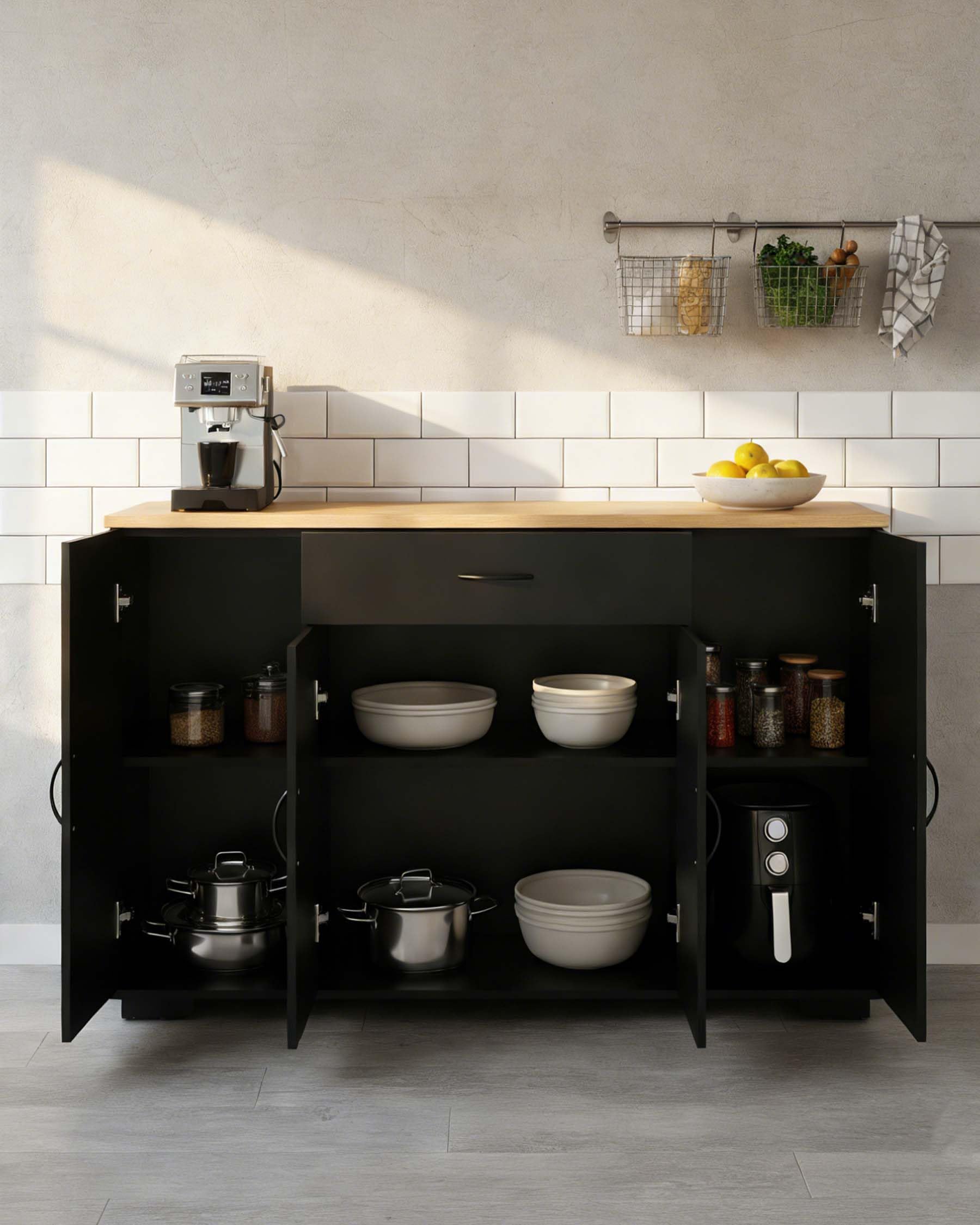 Küchenschrank mit Arbeitsplatte Schwarz Küchenkommode 110 x 30 x 70 cm mit Schublade und 4 Türen Küchenunterschrank schmal freistehend Sideboard Stauraum Küche Esszimmer