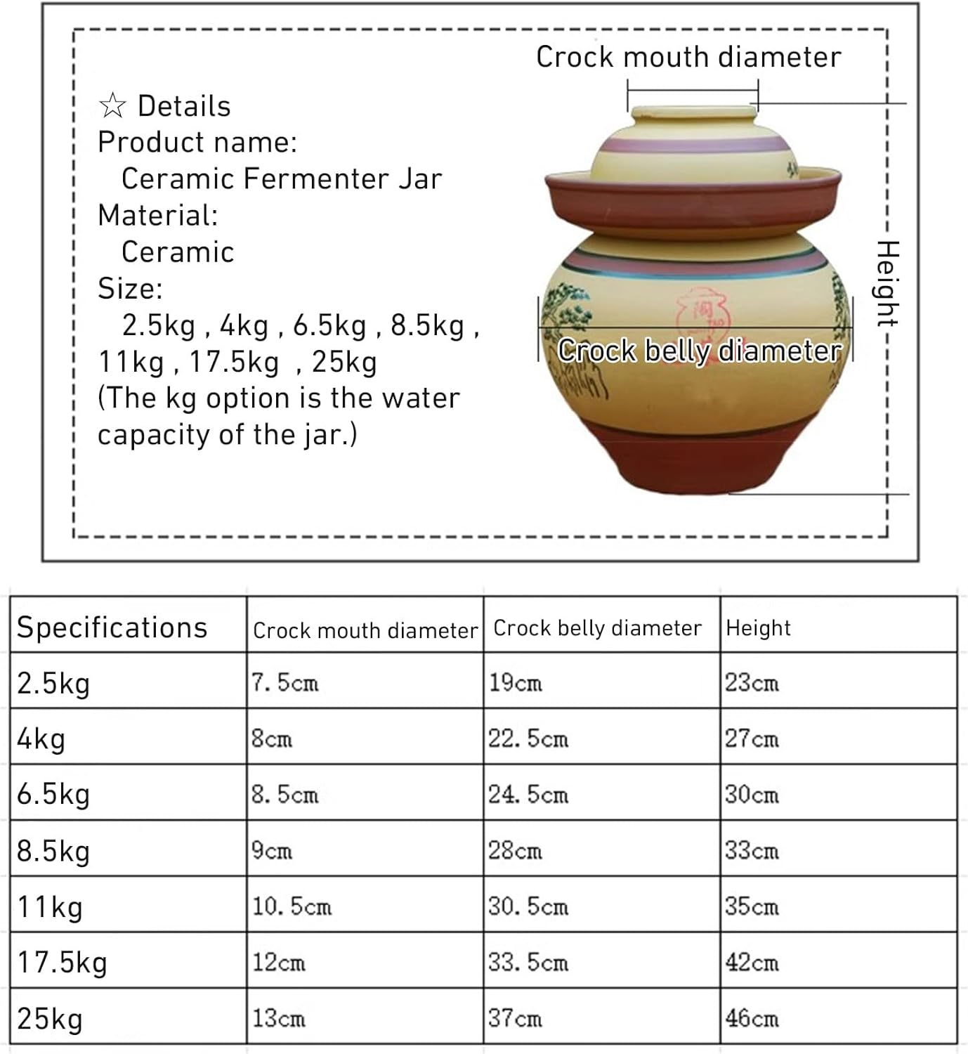 Traditional Chinese Porcelain Fermentation Crock With Water Seal Lid, Ceramic Pickling Jar, 1 Pcs(25kg)