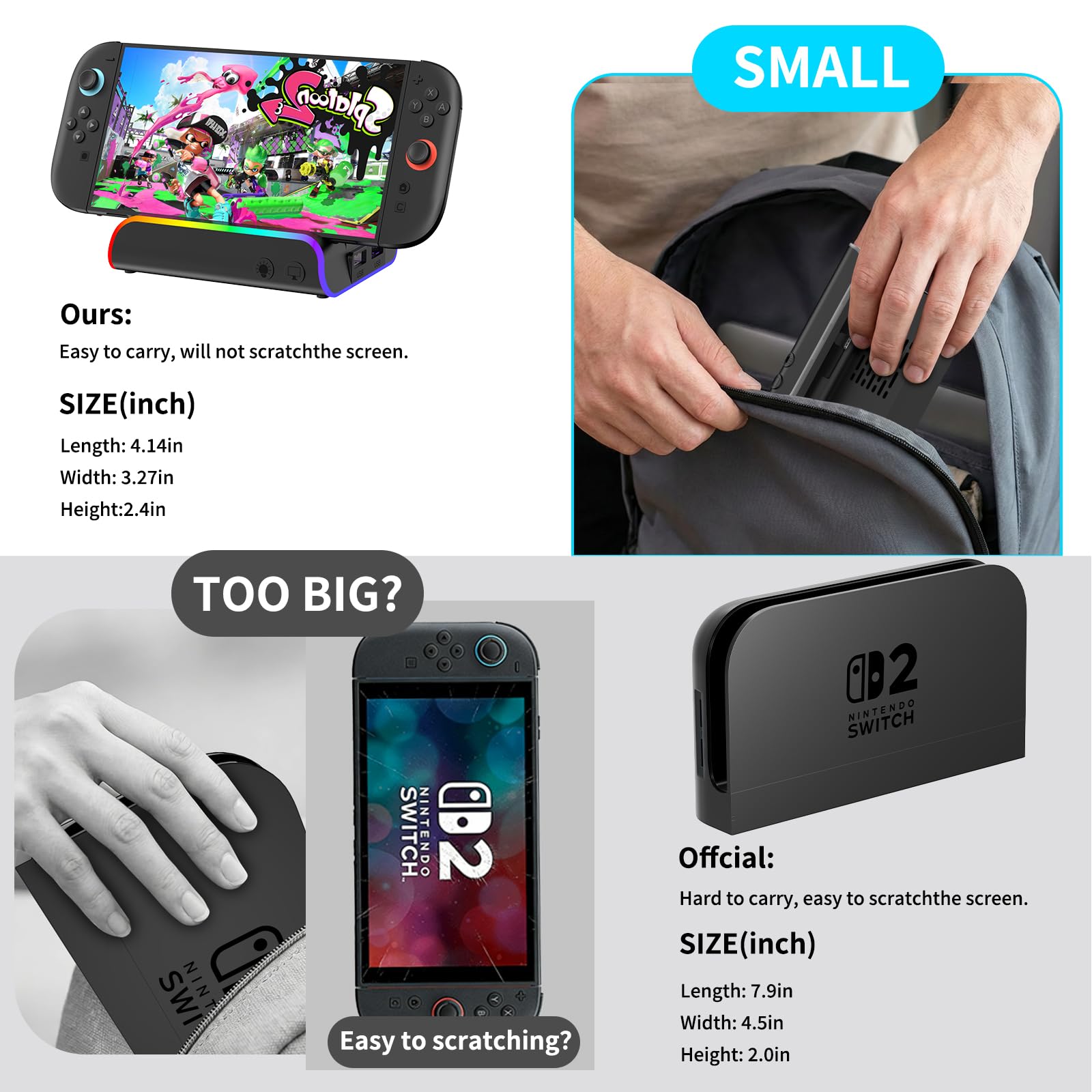Switch 2 Dock, Docking Station for Switch 1/2, Charging Dock with 4K@120Hz HDMI Output/100W Charging Input/USB 3.0 /Cooling Fan — view 6