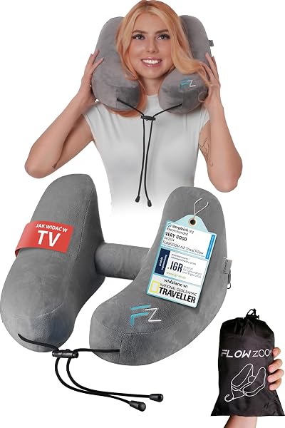 FLOWZOOM AIR Dmuchana Poduszka Podróżna z Kapturem Szary Rozmiar M | Wsparcie szyi 360° kształt H, 5 pozycji snu, regulo