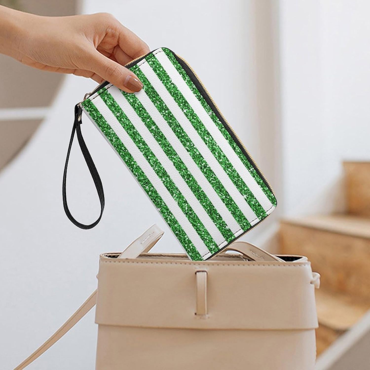 Glitter Green And White Stripes Leather Wallet Multi-layer Credit Card Cash Id Holder Wallets With Coin Pocket Full Zip Wallet - Image 7