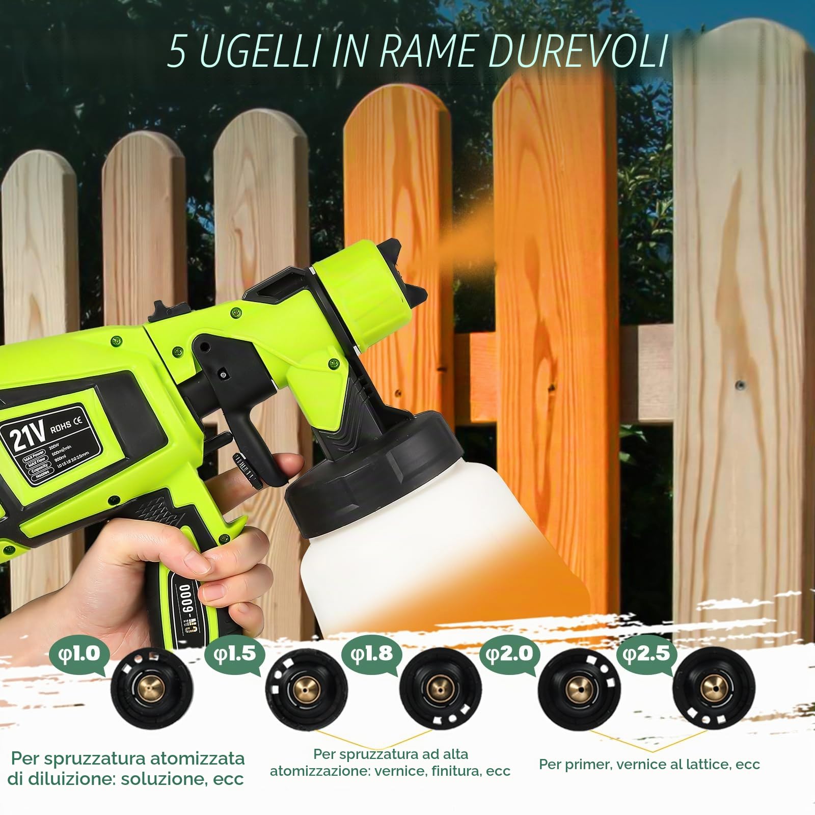 Huanyu Spruzzatore di vernice a batteria, 5 ugelli, 3 modelli(CN6000 Verde) | 2 batterie da 21V 4.0Ah, 900ml, Spruzzatore di vernice elettrico per recinzioni, capanni e mobili
