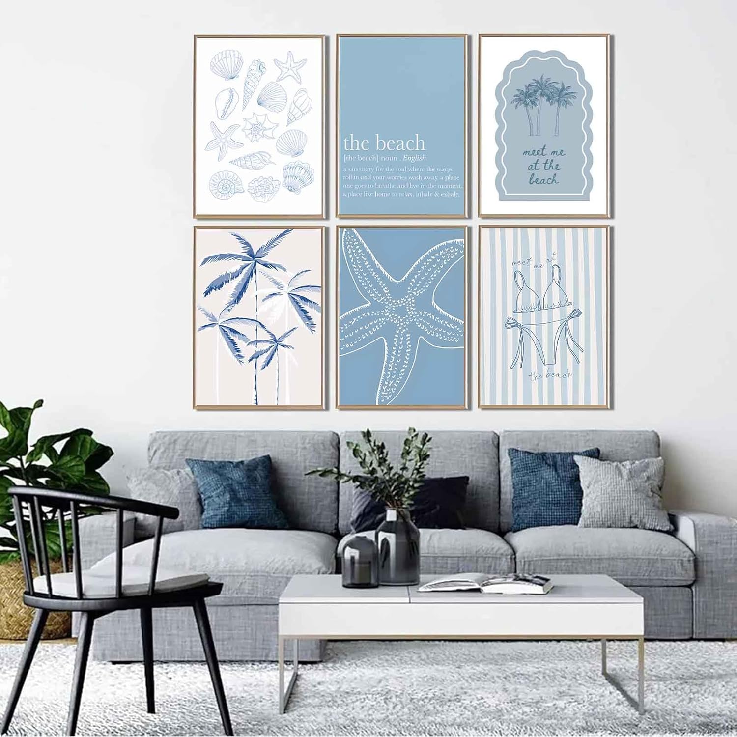 6Pcs Blue Coastal Wall Art Summer Beach Shell Wall Decor Pictures Light Blue Bikini Plant Starfish Posters Canvas Prints for Modern Shoreside Themed Home Decoration Bathroom Room Decoration Unframed
