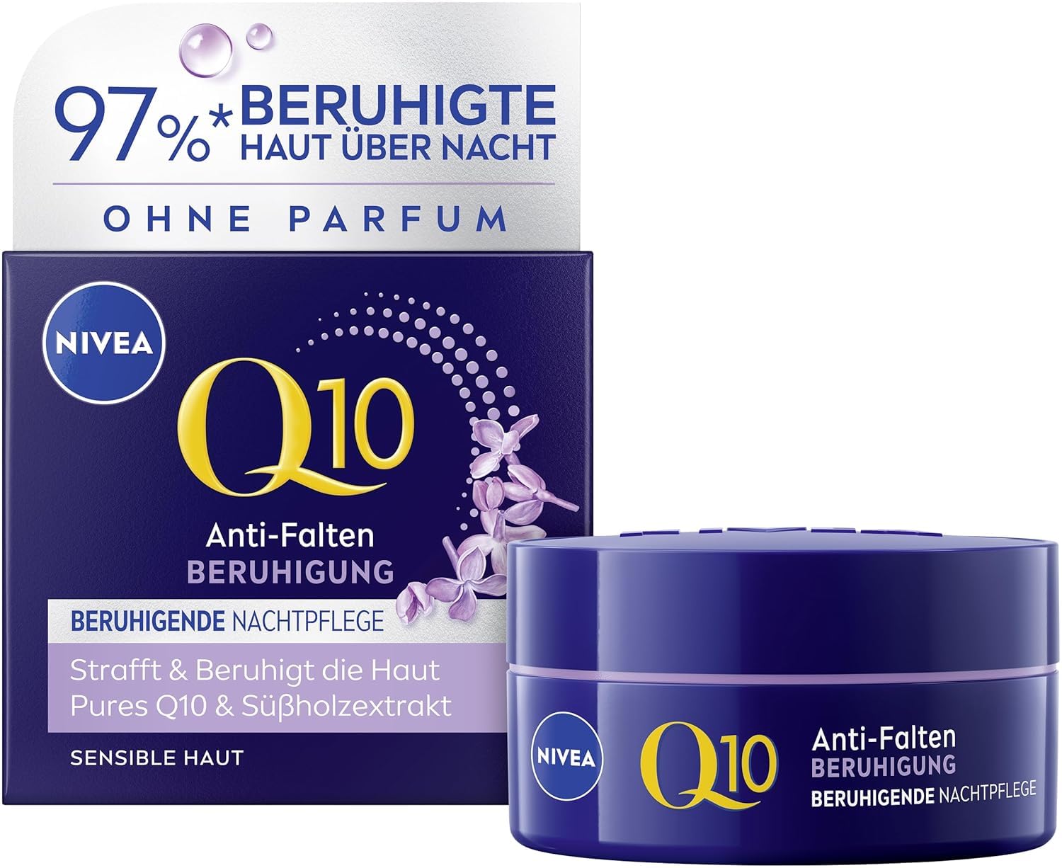 NIVEA Q10 Nachtpflege, feuchtigkeitsspendende Nachtcreme mit purem Q10 & Süßholzextrakt, parfümfreie Gesichtspflege für sensible Haut, Anti-Falten BERUHIGUNG Beruhigende Creme (50 ml)