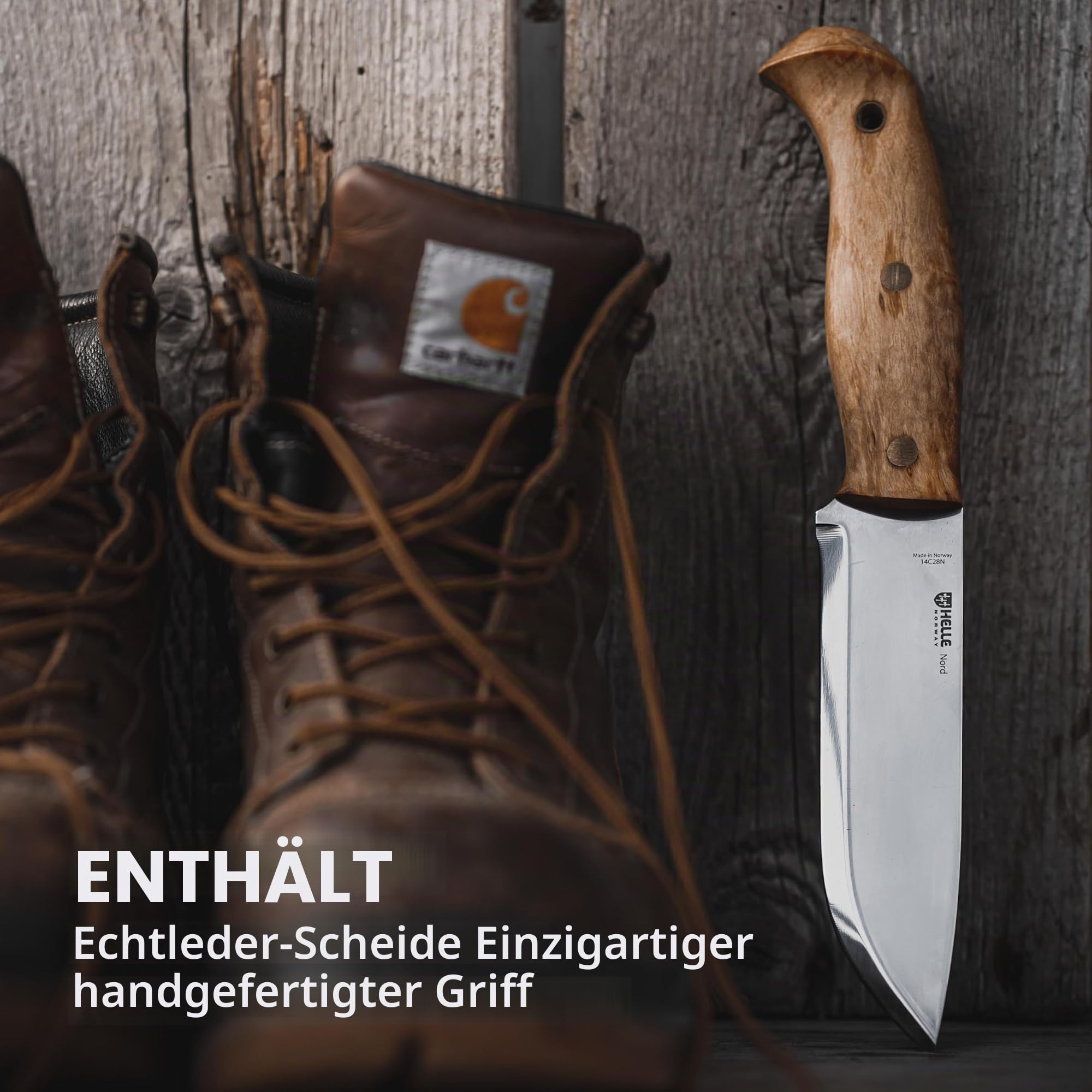 Helle NORD 670 Outdoormesser, Sandvik 14C28, rostfrei, Maserbirke, Lederscheide