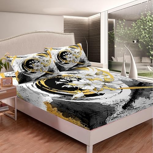 Miniatura 2 de Manfei Juego de sábanas bajeras modernas de tamaño individual, diseño de líneas geométricas de círculos geométricos, 2 piezas para decoración de