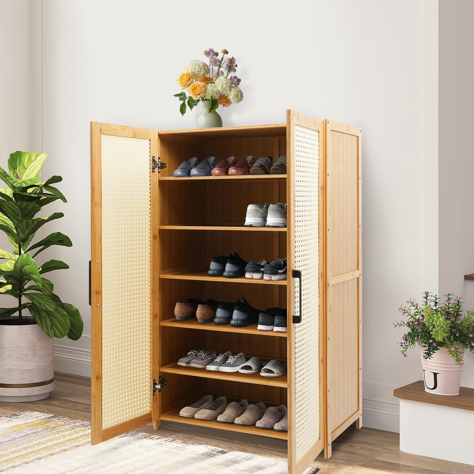 Zapatero de bambú de 6 niveles con puertas y ventilación, para 18 – 24 pares de zapatos, moderno organizador de zapatos para pasillo, dormitorio y armario