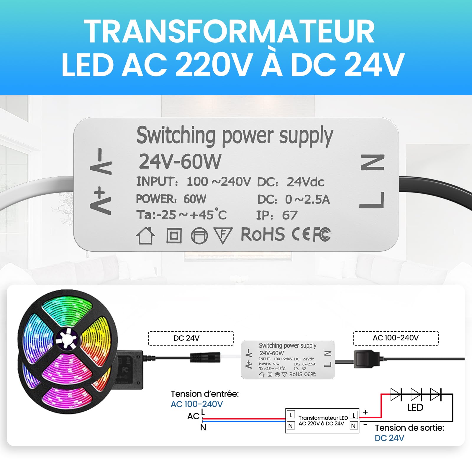 Transformateur LED Luxvista 12V 60W – Étanche IP67, AC-DC 5A, Sans Scintillement, Protections Intégrées – Bandes LED, Projecteurs, GU4/G4/GU5.3