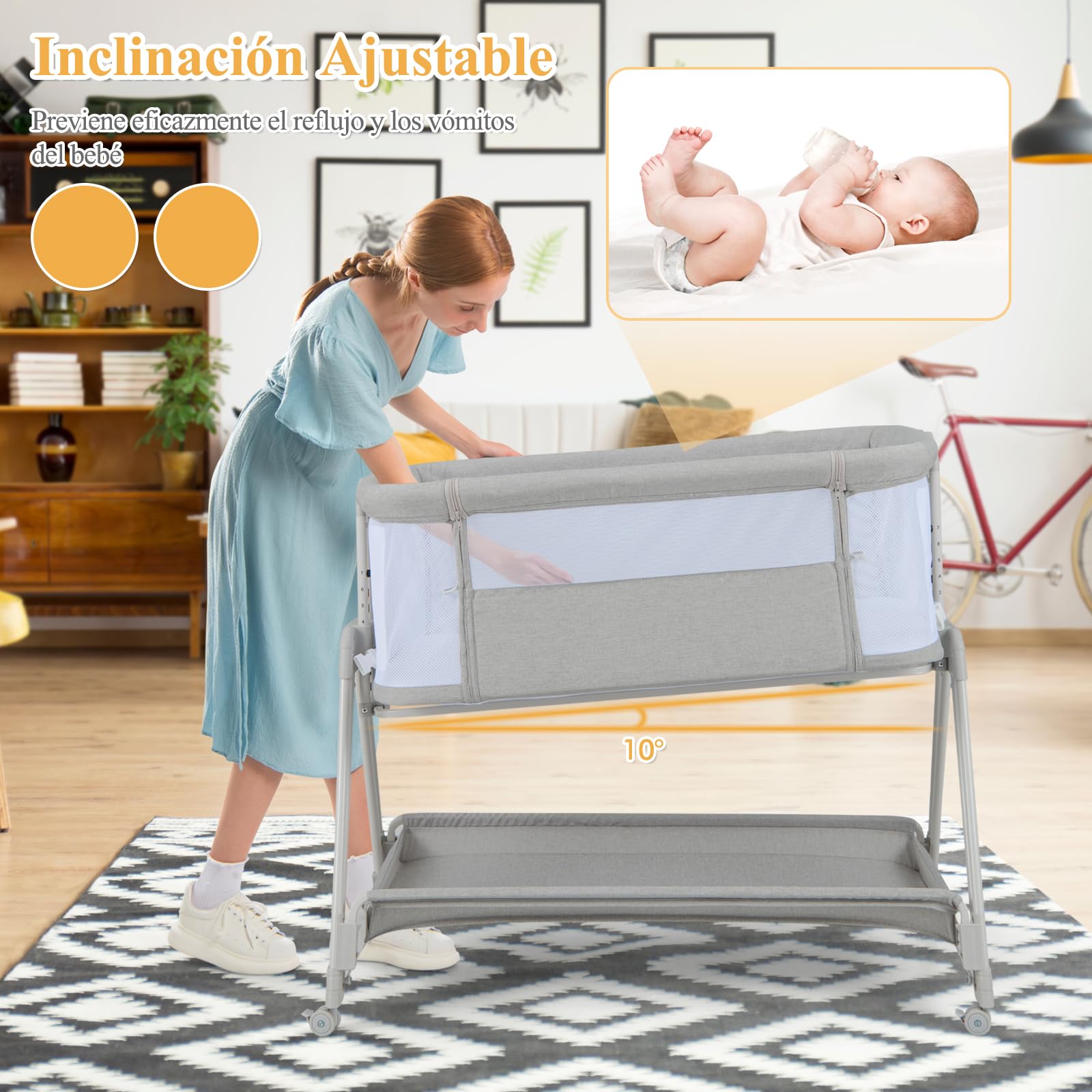 GOPLUS Cuna Cama de Bebé con Inclinación y 7 Alturas Ajustables, Cuna Plegable con Ventana de Malla y Estante de Almacenaje, Ruedas con Freno, 0-6 Meses (Gris Claro)