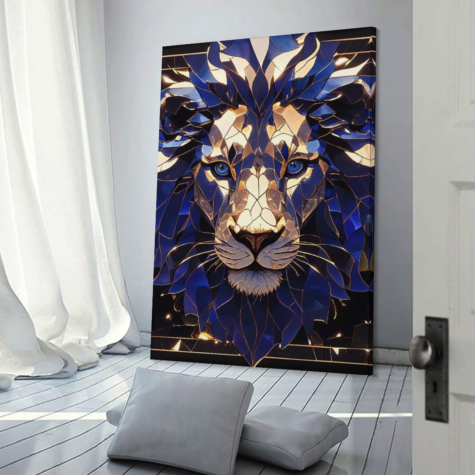 Junmoney Room Decor Wall Art Abstract Lion Portrait in Blue And Gold, 16x24inch(40x60cm), for Workspace Walls, Study Corners Or Bedrooms, A Smart Decor Choice for Study Walls