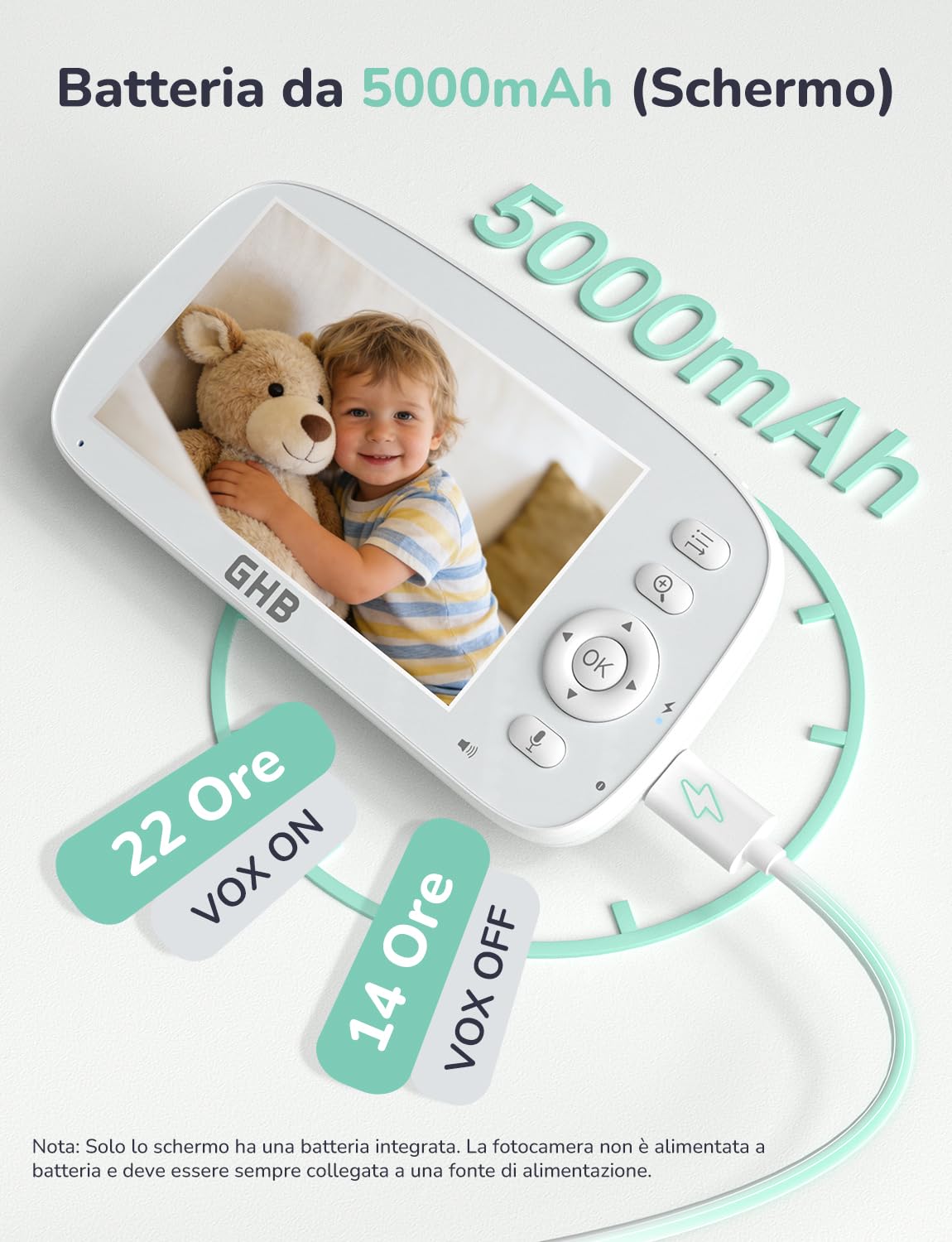 GHB Baby Monitor Video e Audio 5'' 720P Schermo 5000mAh, 350°/110° Rotante | Rilevamento della Temperatura, VOX, Interfono Bidirezionale, Ninnenanne Integrate