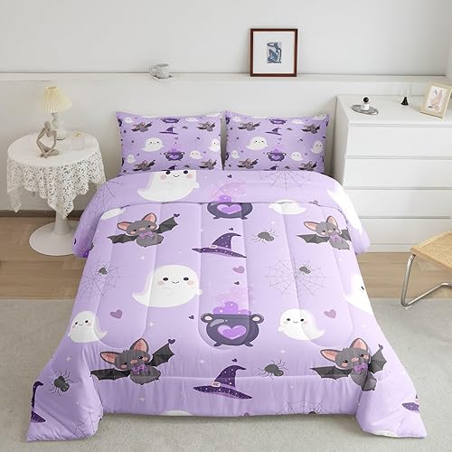 Miniatura 2 de Homewish Juego de edredón de murciélagos y arañas, juego de ropa de cama estilo caricatura para niños, niñas y mujeres, edredón lindo de fantasma,