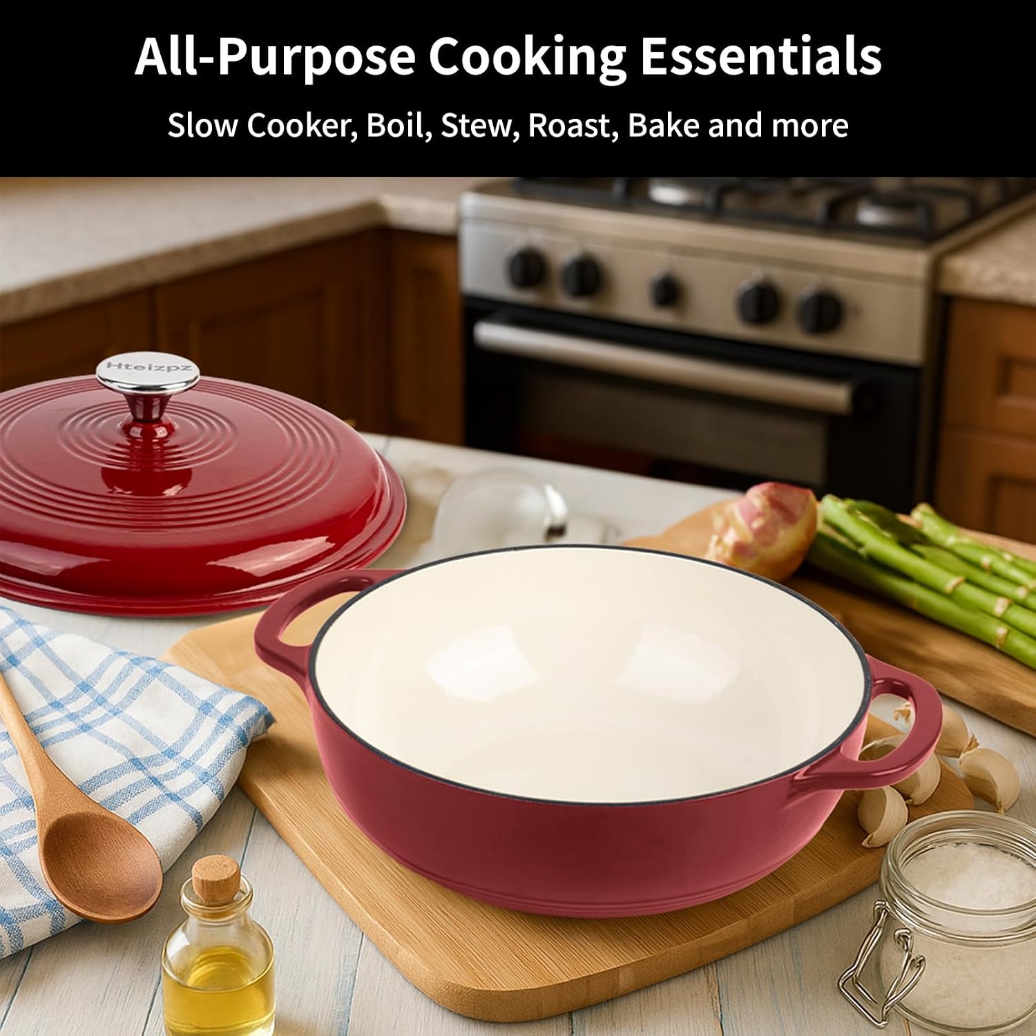Enameled Cast Iron Braiser, 3 Quart Enameled Cast Iron Skillet with Lid, Oven Safe up to 500° F or on Stovetop, Suitable for Marinate, Cook, Bake, Refrigerate and Serve, Red