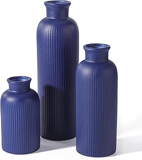 Small Navy Blue Ceramic Vase Set of 3, Boho Modern Navy Blue Flower Vase...