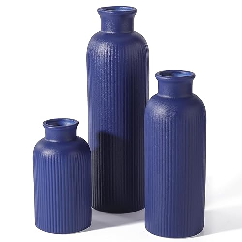 Small Navy Blue Ceramic Vase Set of 3, Boho Modern