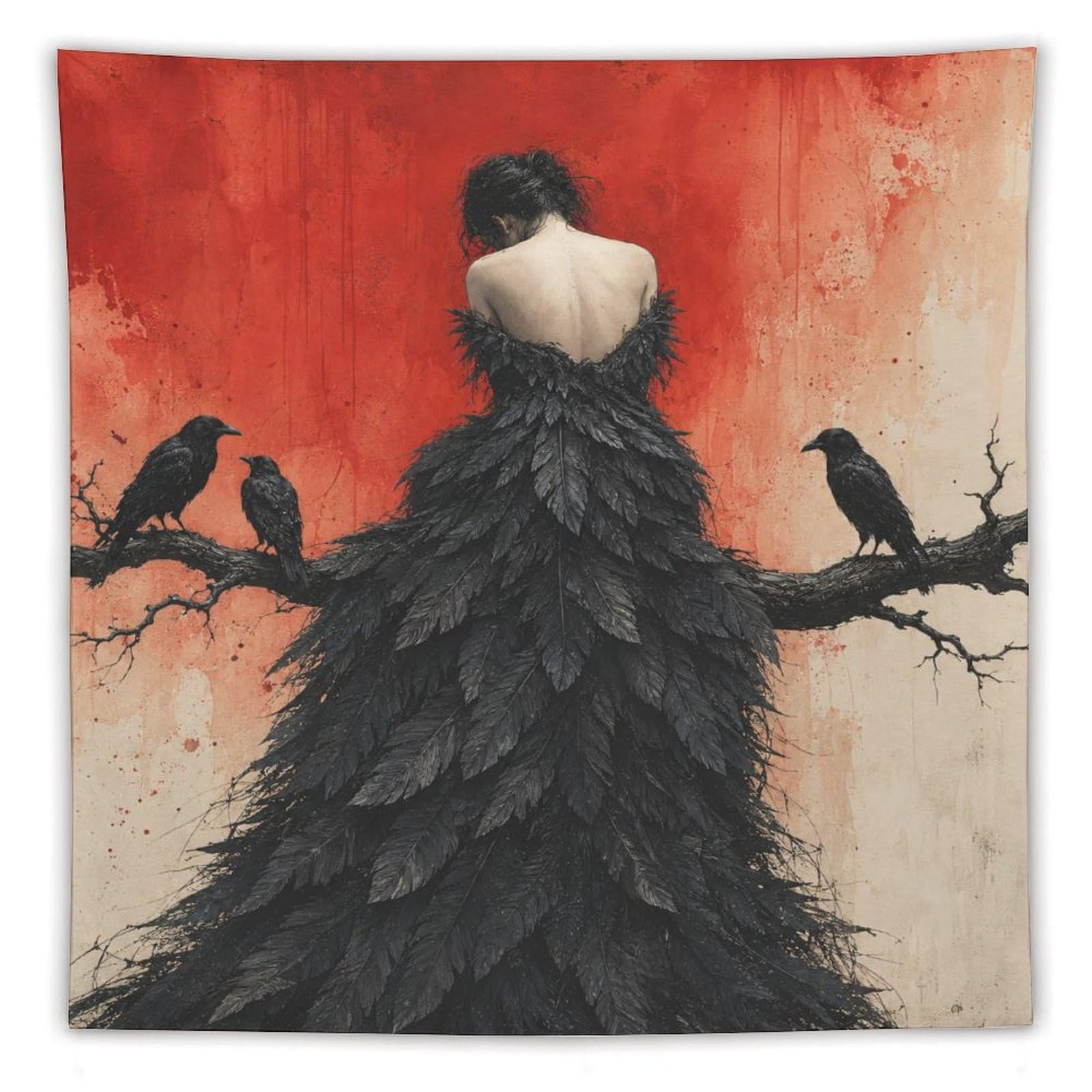 Raven Woman Back View Wall Tapestry, Geometric Art, Ceiling Hanging