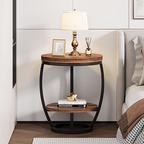 Miniatura 7 de Juego de 2 mesas auxiliares redondas, mesa auxiliar industrial de 2 niveles, mesita de noche con marco de metal, mesita de noche con estantes de