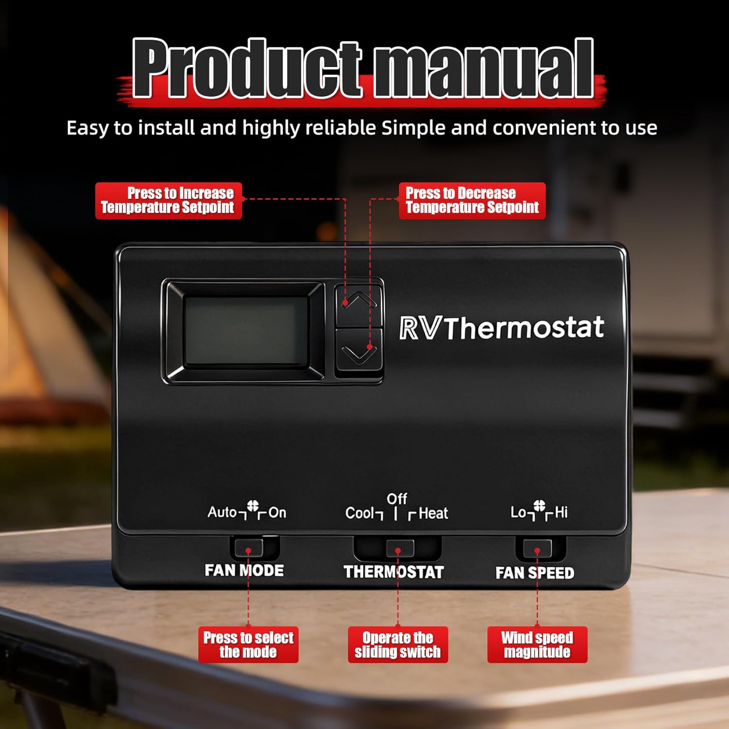 8330D3351 RV Digital Thermostat, Wall-Mounted Heating & Cooling Thermostat for Camper, Travel Trailer and RV,Black