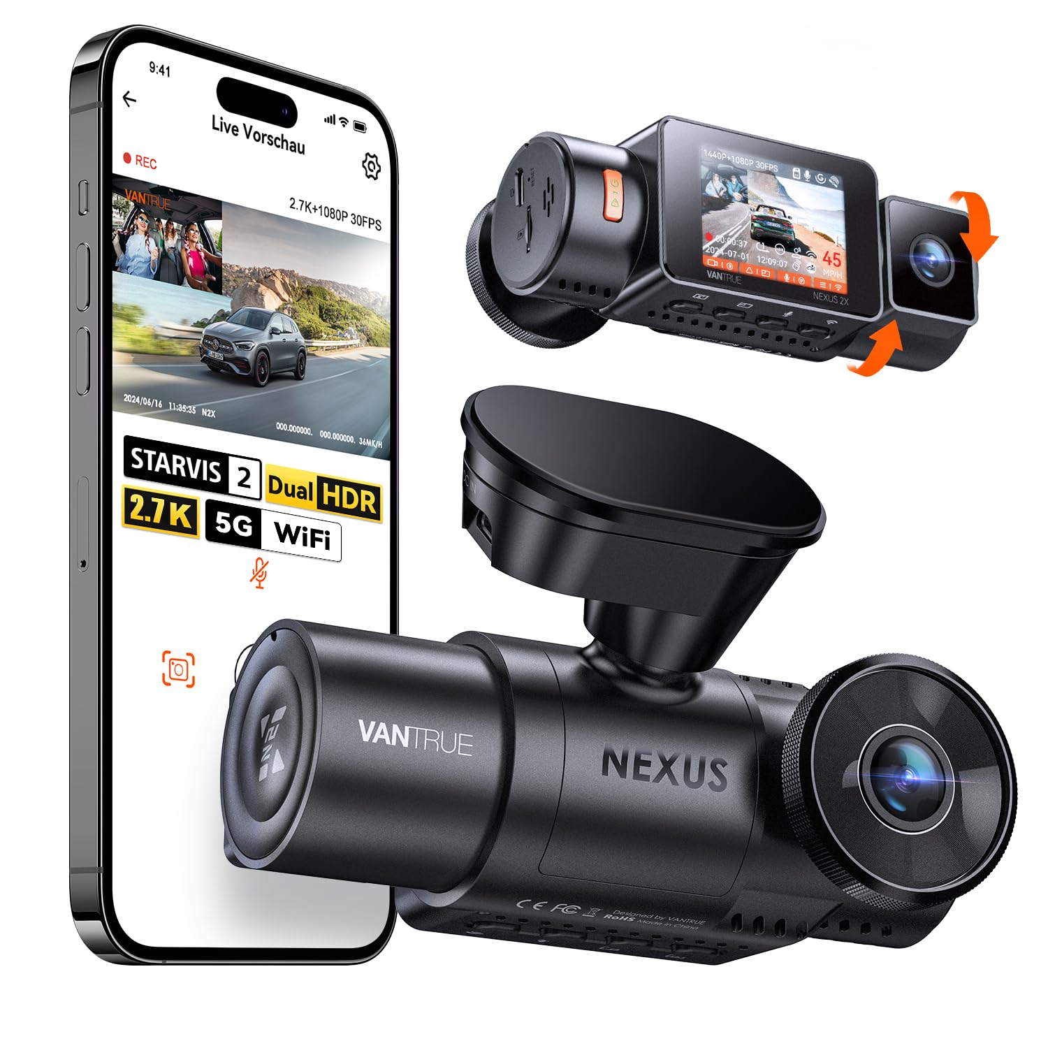 VANTRUE N2X 2.7K+1080P Dashcam Auto Vorne Innen, STARVIS 2 Dual HDR Nachtsicht Dash Cam, 2.5K/60FPS Front, GPS, 5GHz WiFi, App & Sprachsteuerung, 2″ 323° Dasch-Cam 24/7 Parkmodus, G Sensor