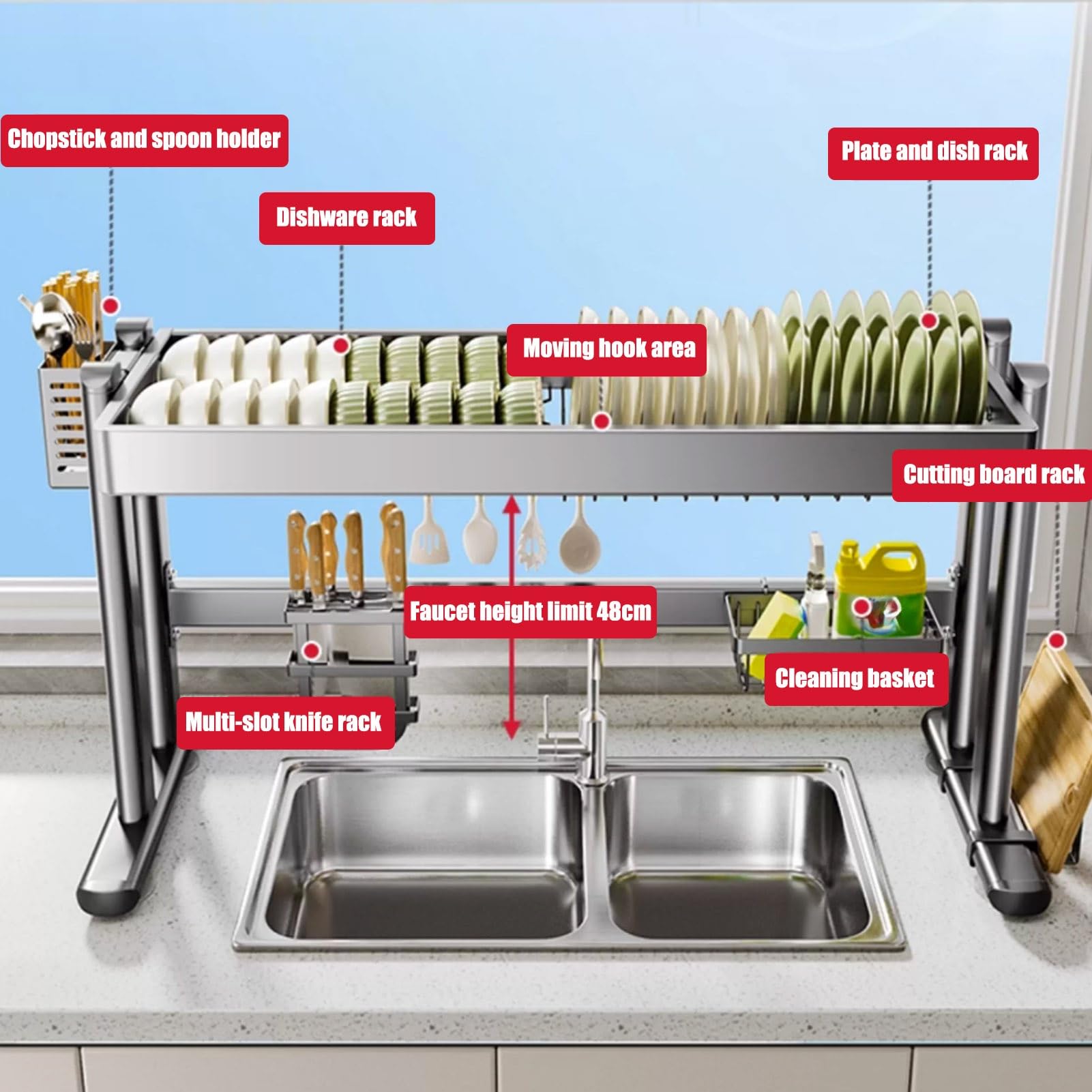 Égouttoir à vaisselle au-dessus de l'évier, hauteur réglable, égouttoir de cuisine en métal à 2 niveaux, grand porte-ustensiles, multifonction pour l'organisation de la cuisine, design peu encombrant