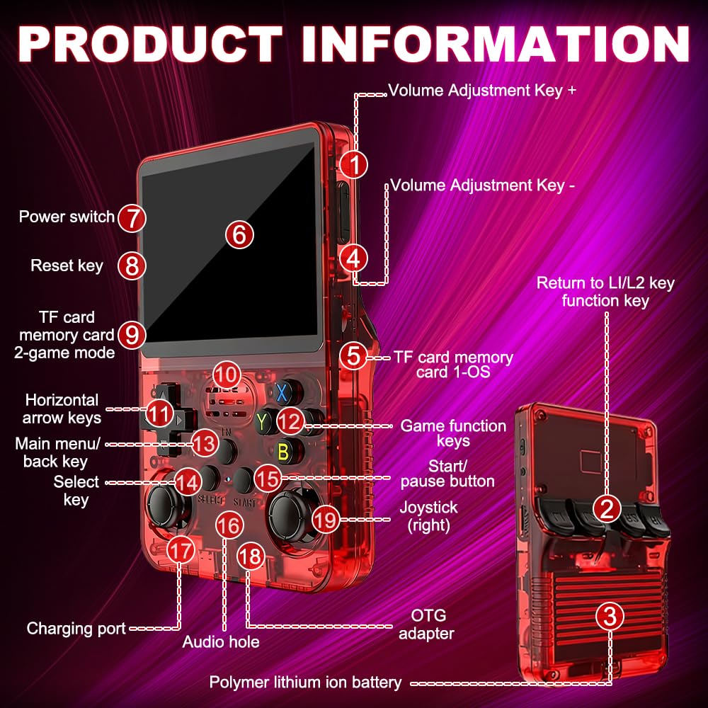 R36s - Console da gioco portatile retrò con display da 3,5 pollici, scheda TF da 64 GB e 15.000 giochi classici, console portatile R36s (rosso)