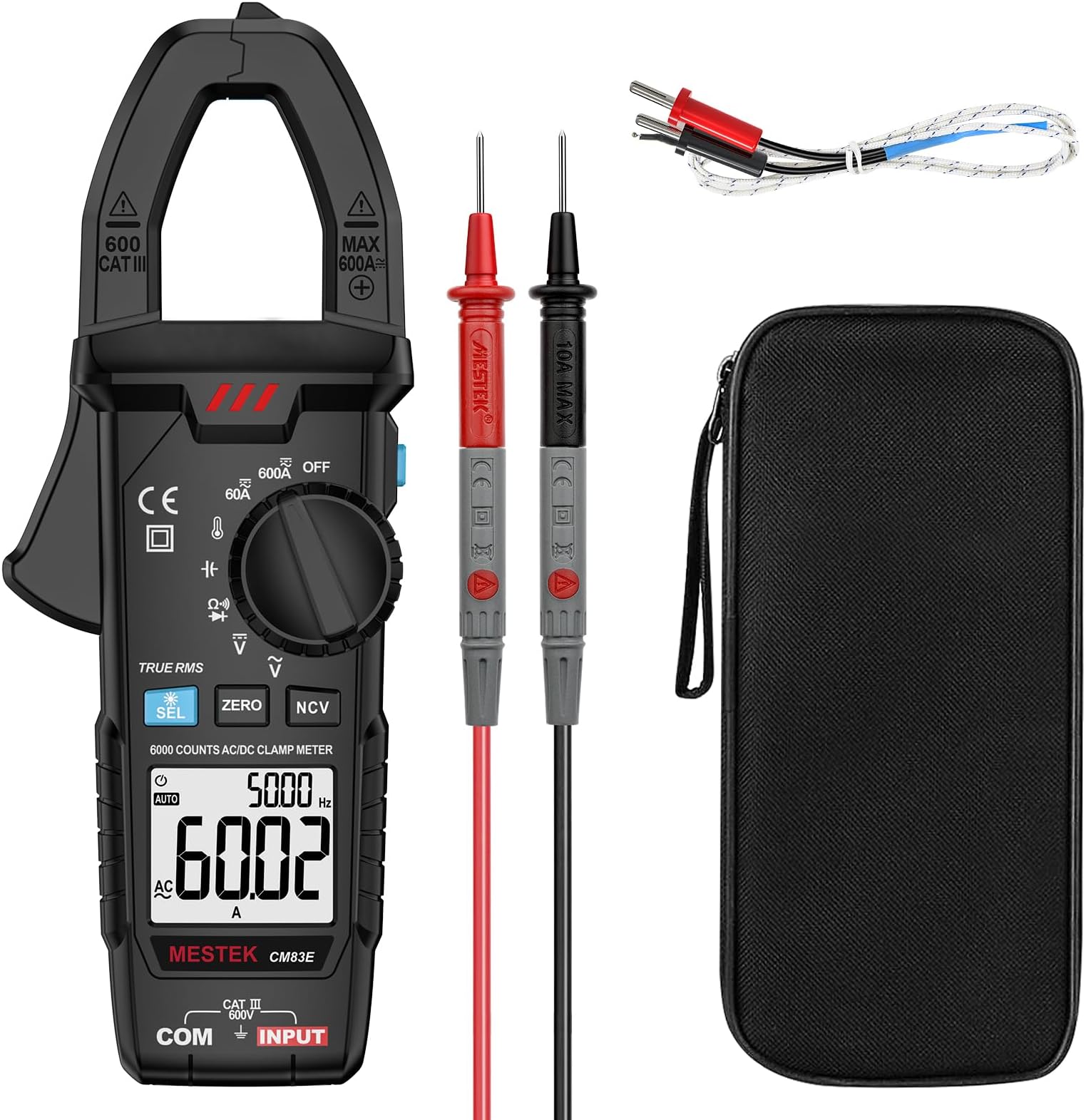 Clamp Meter Digital Multimeter AC/DC MESTEK Voltage Tester Voltmeter Auto-ranging NCV True RMS 6000 Counts Measures Voltage Current Resistance Capacitance Diode Temperature Continuity Frequency