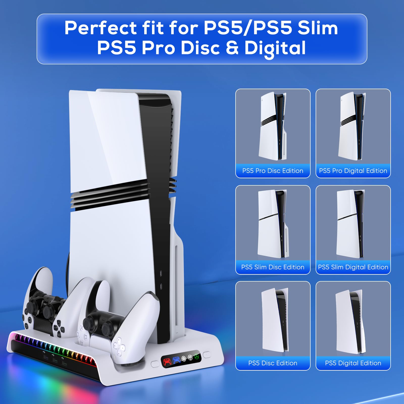 FASTSNAIL Support pour PS5/PS5 Pro/PS5 Slim avec Ventilateur | 9 Modes RVB, Ventilateur à 3 Vitesses, Charge Rapide en 3h, Voyant LED, 3 Ports USB, Design Antidérapant, avec Crochet