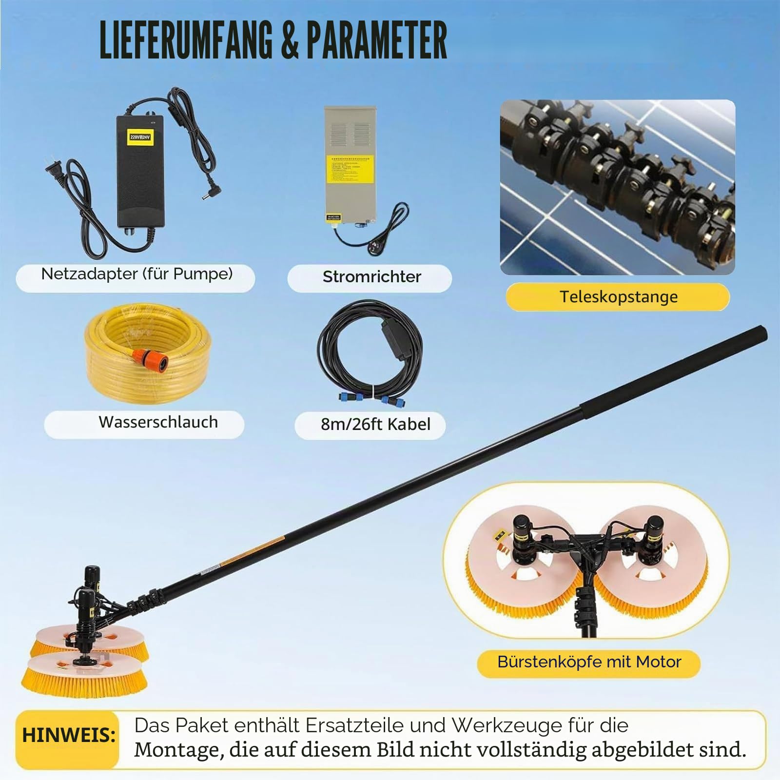 Professionelle Solar-reinigungsbürste für den Außenbereich, Doppelrotationskopf,65cm/25.59in Arbeitsbreite,Teleskopstange, wasserdicht&energiesparend,für PV-Anlagen(Mains Electricity,7.5M)
