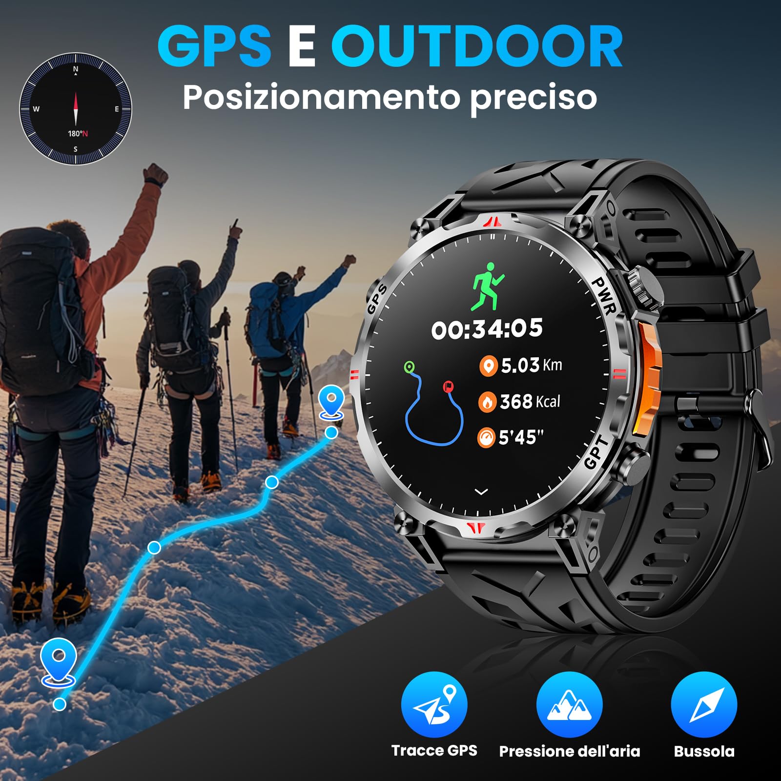 Orologio intelligente militare con GPS, orologio intelligente con assistente vocale GPT/LED Flashlight Compass,a schermo AMOLED da 1,56" Per uomini, compatibile con Android e iOS (Nero)
