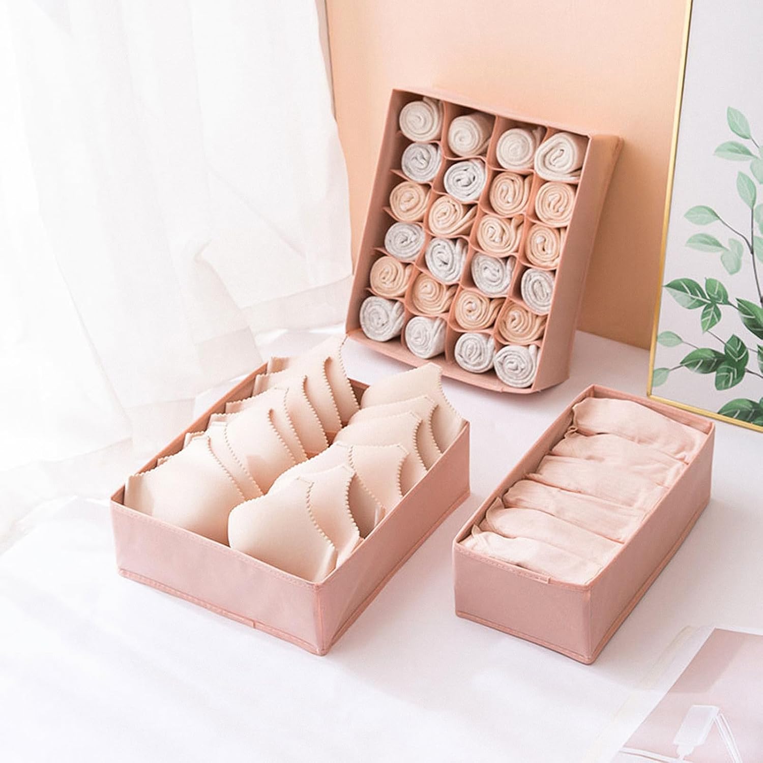 Abaodam 3pcs Pink Underwear Organizer Set, Foldable Non-woven Storage Boxes