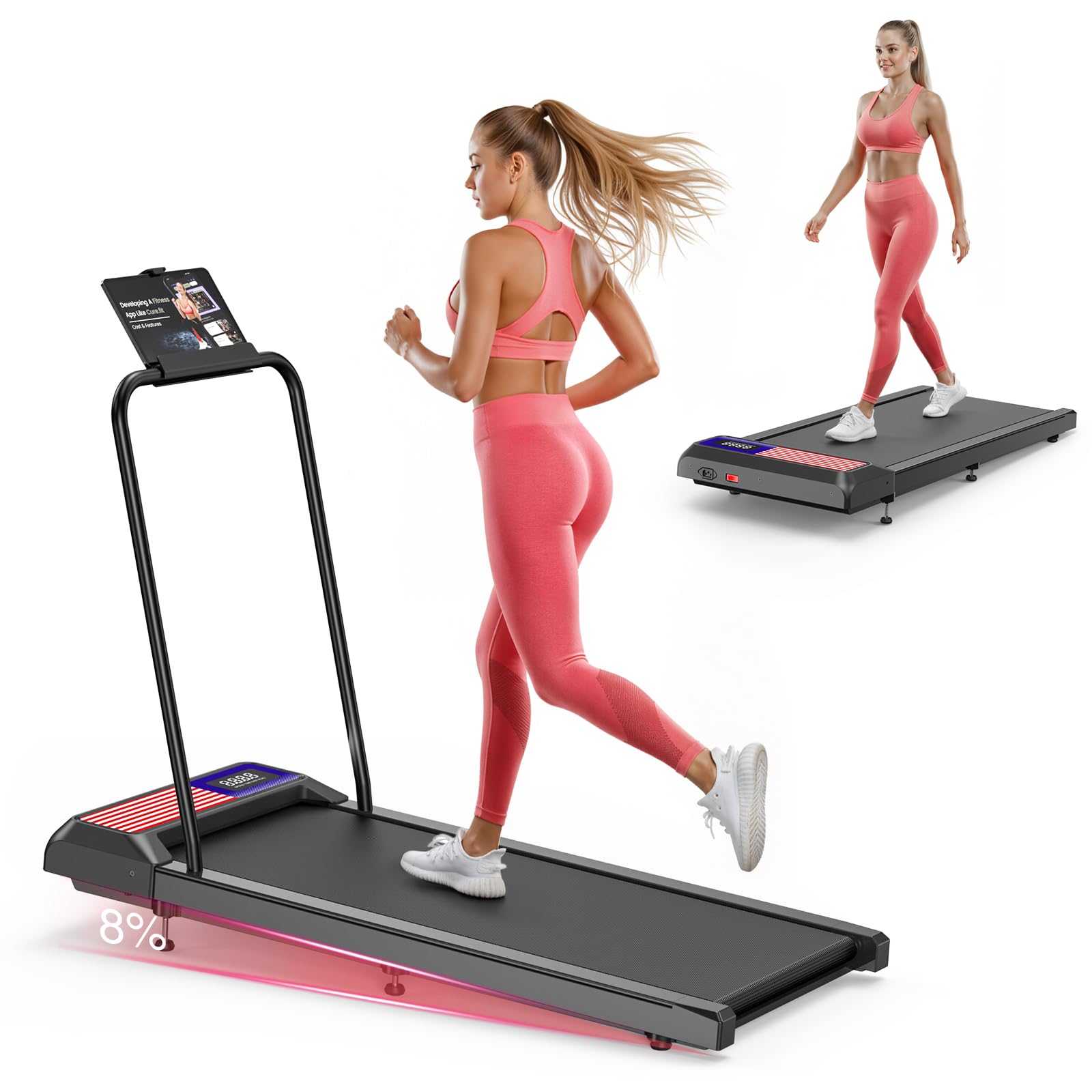 Walking Mat Pad With Incline and Handle Bar, Treadmill with Handles, 4 in 1 Under Desk Treadmill, 2.5HP Low Noise Compact Treadmills Small Space with Remote Control,Portable Treadmills for Home Office-image-12