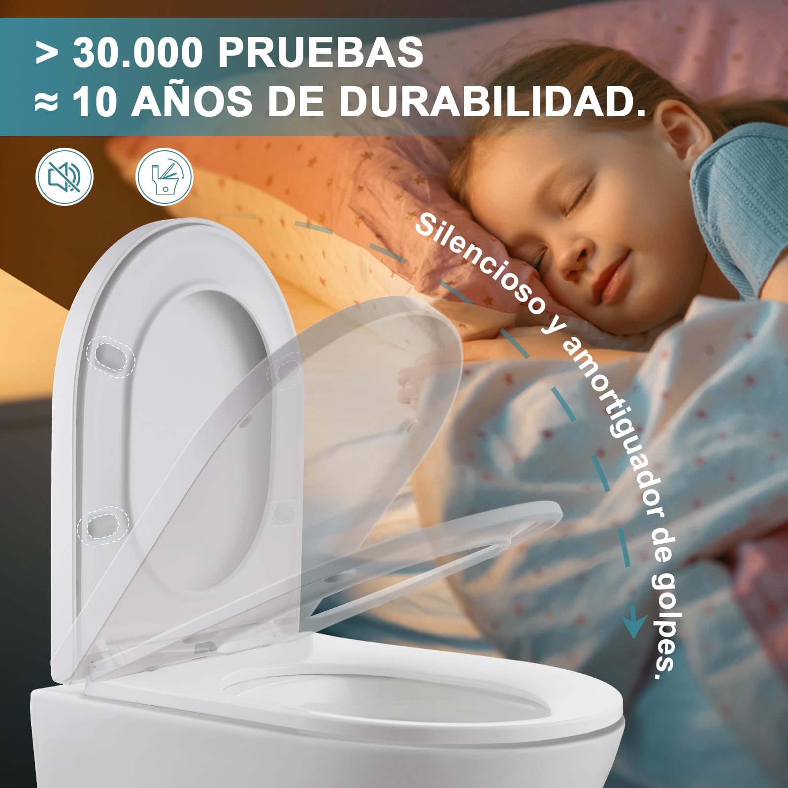Tapa WC Universal Amortiguada D-Forma 430x360 mm, Tapa Inodoro con Cierre Suave, Asiento Inodoro Blanco, Tapadera WC de Duroplast, Tapa de Vater Montaje Fácil, Tapa de WC para Familia y Baño