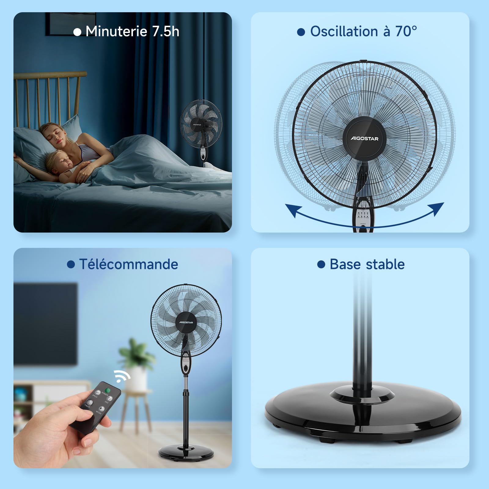 Aigostar Ventilateur sur pied silencieux, 9 pales, télécommande, 3 vitesses, 3 modes, minuterie de 7,5 heures, oscillant à 80°, ventilateur à hauteur réglable, base antidérapante, 60 W, Carr