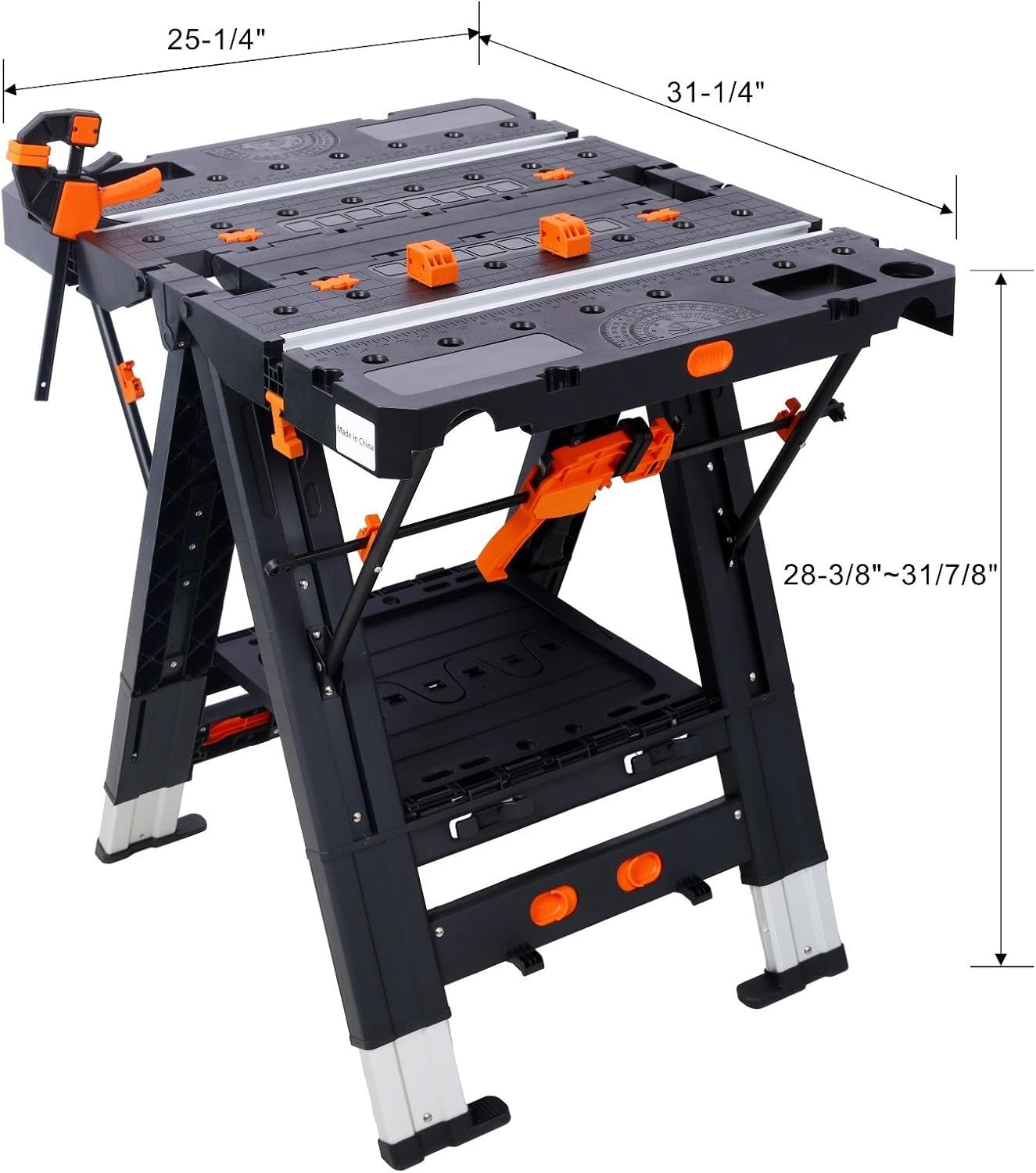 Heavy-Duty 2-in-1 Folding Work Table and Sawhorse - Adjustable Height, 1000 Lbs Capacity, with Clamps and Accessories for DIY and Professional Projects, Black