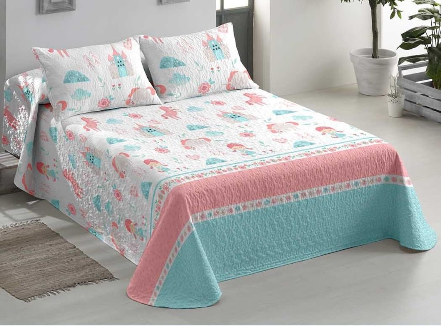 HaraDeco Colcha Boutí Cama 90 Estampado Reversible Cubrecama Confecciona con Microfibra con 1 Funda Almohada para Hogar Hostelería(Cama 90, Colcha Rosa Princesa)