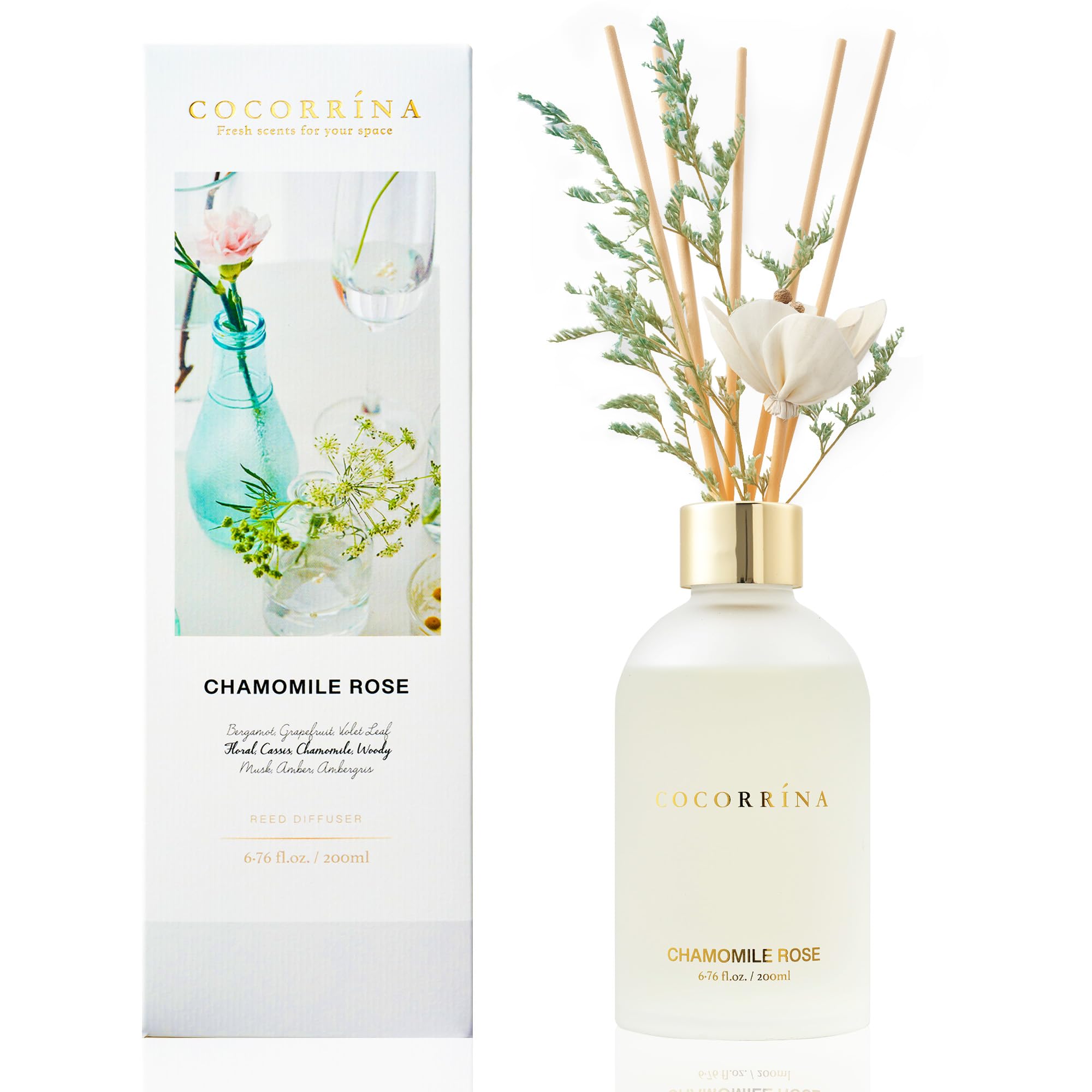 COCORRÍNA Reed Diffuser Chamomile Rose, 200ml Flower Reed Diffuser Set of 8 Sticks, Home Fragrance for Bedroom Bathroom Home Decor and Office Décor