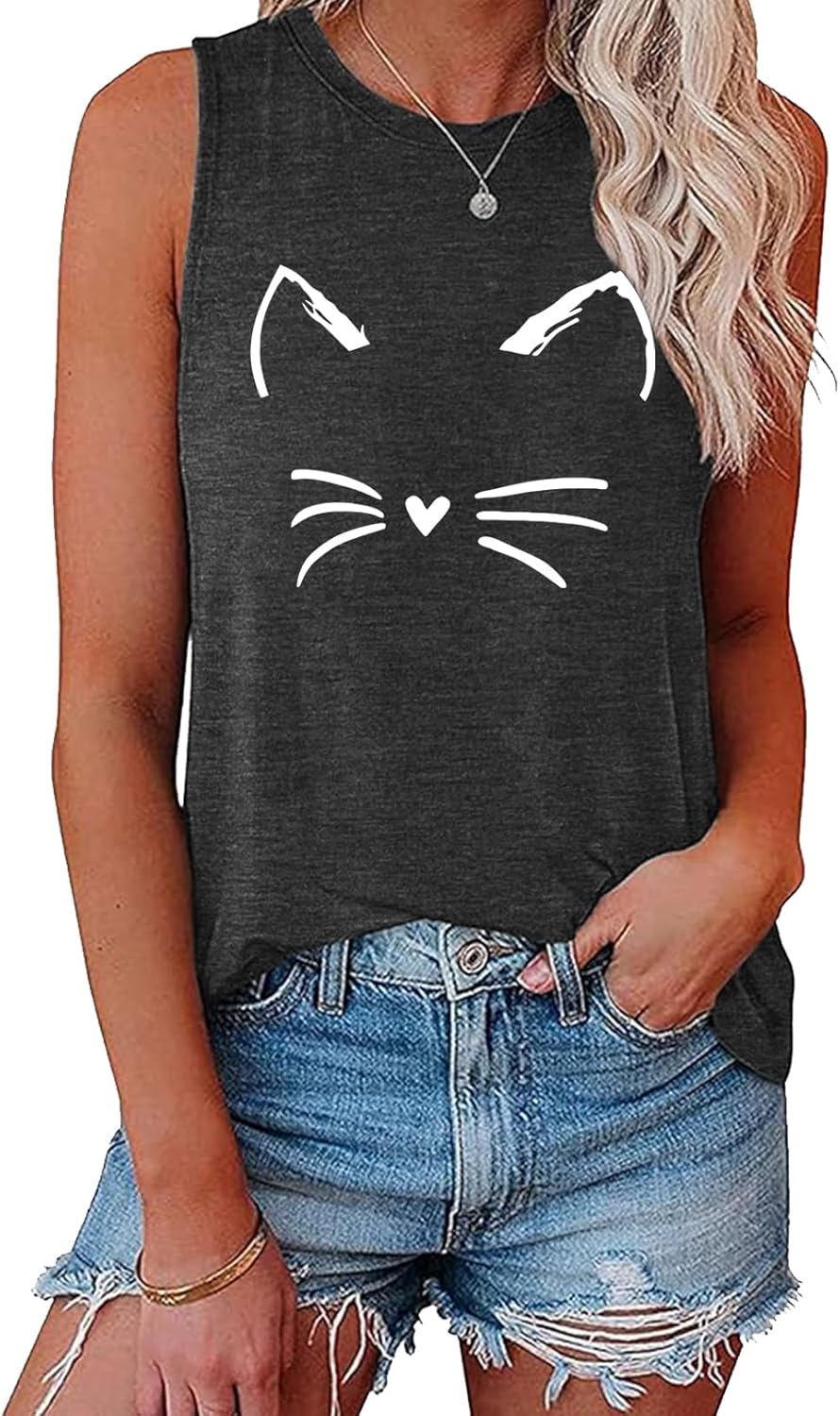 LOOKFACE Women's Crewneck Sleeveless Tank Top with Cat Graphic Print Cute Tunics