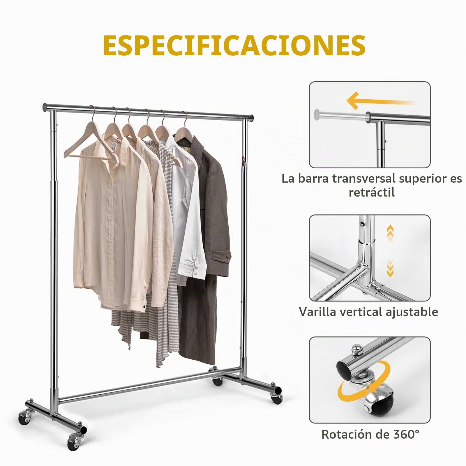 VOWNER Perchero con Ruedas, Cromado, para Colgar Ropa, Altura Ajustable y Extensible, (90-132) x 40 x 113-170 cm