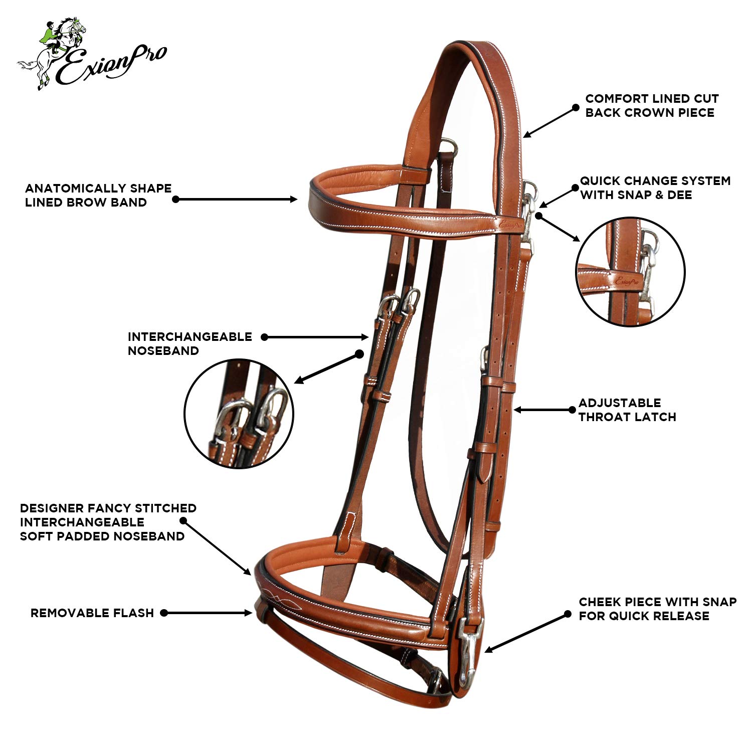 Exion Snap-On Jumping Bridle dla konia, zatrzaskowy kawałek policzka i korona z miękką linowaną opaską na czoło, Flash nosem i gumową leją w mosiężnych klamrach